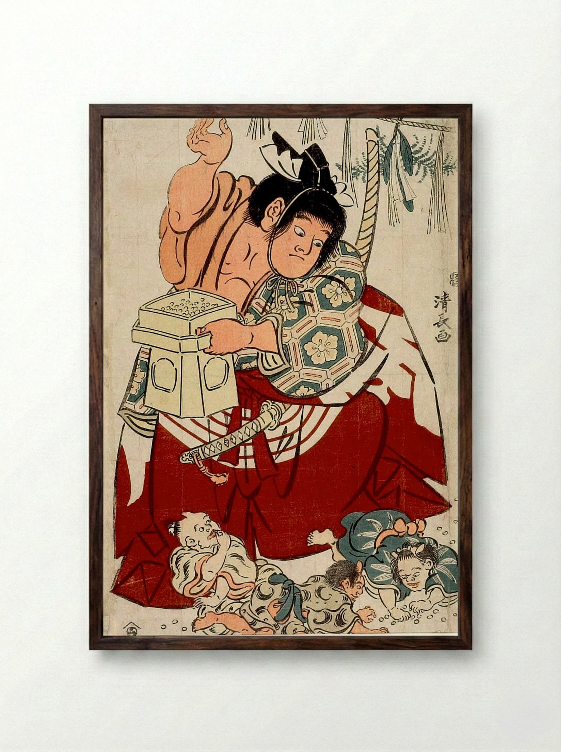Kintarō Throwing Beans at the Setsubun Festival - Torii Kiyonaga - Framed Print Dark Wood
