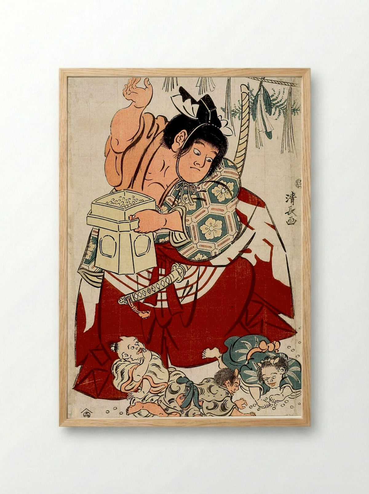 Kintarō Throwing Beans at the Setsubun Festival - Torii Kiyonaga - Framed Print Wood
