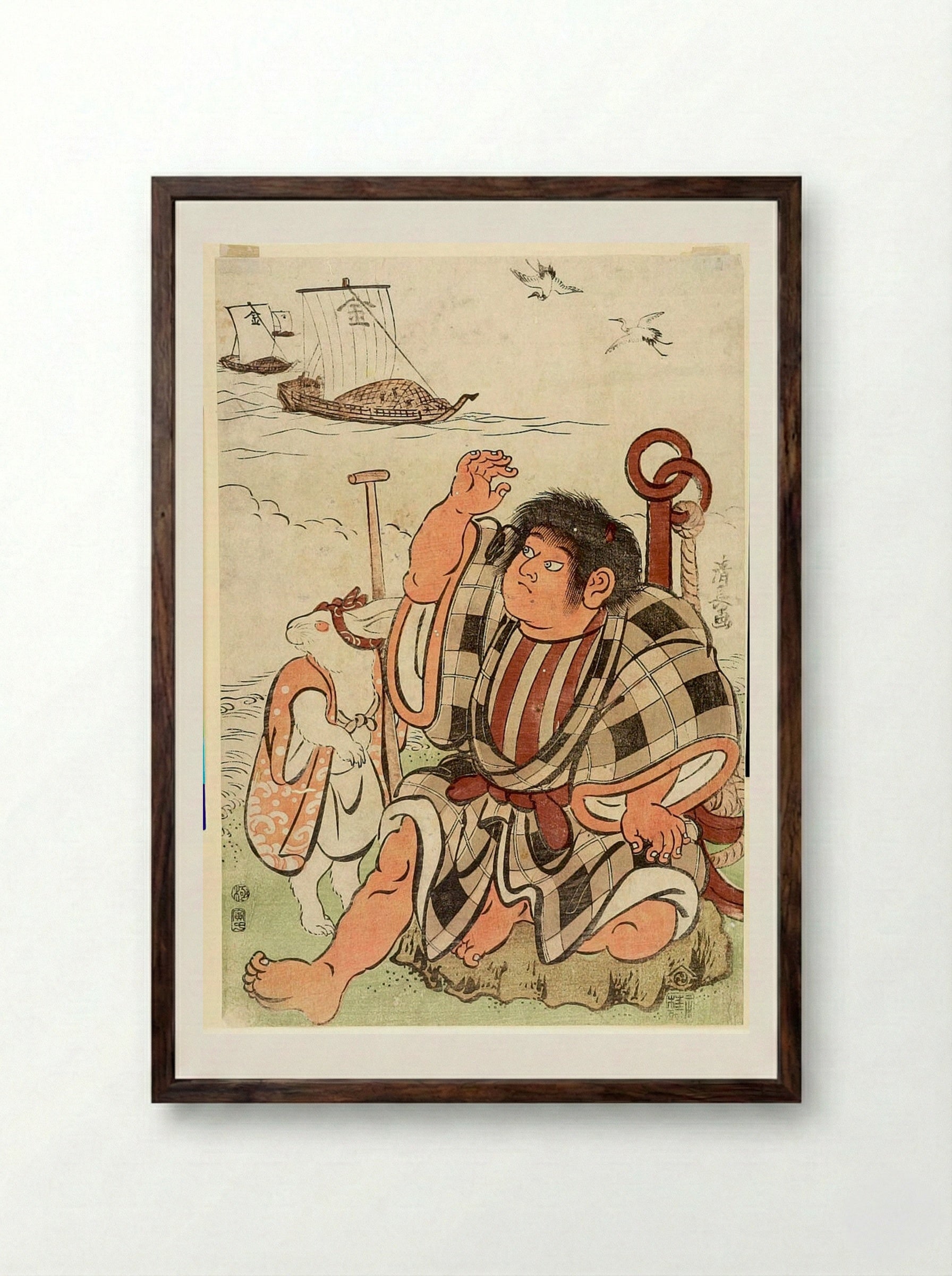 Kintarō and Rabbit on the Shore - Torii Kiyonaga - Framed Print Dark Wood