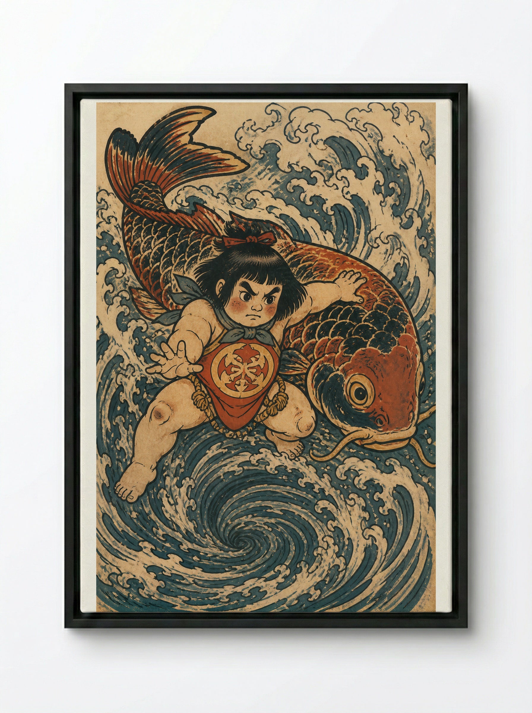 Kintaro and the Giant Carp: Returning to the Current - Framed Canvas Black