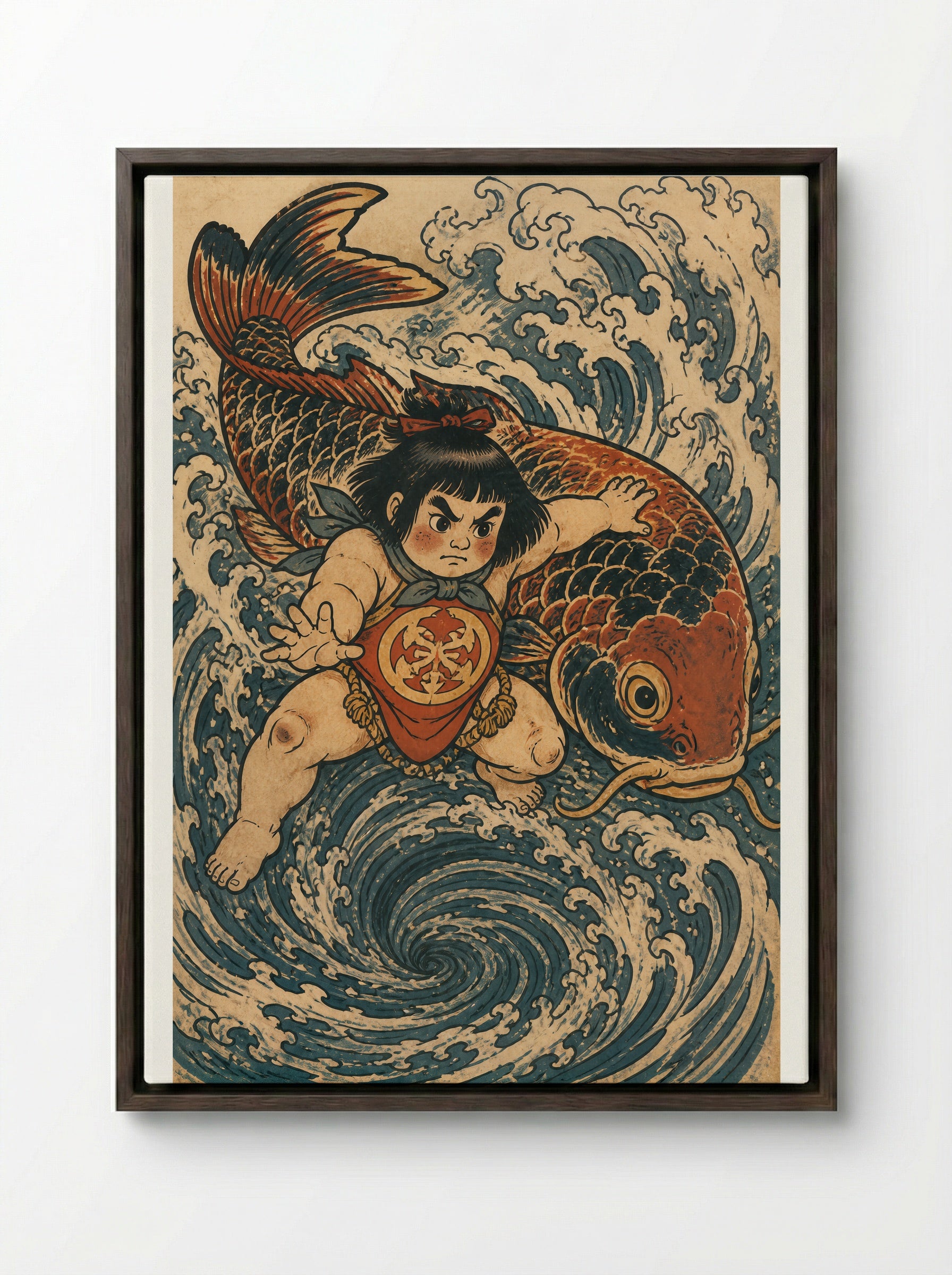 Kintaro and the Giant Carp: Returning to the Current - Framed Canvas Dark Wood