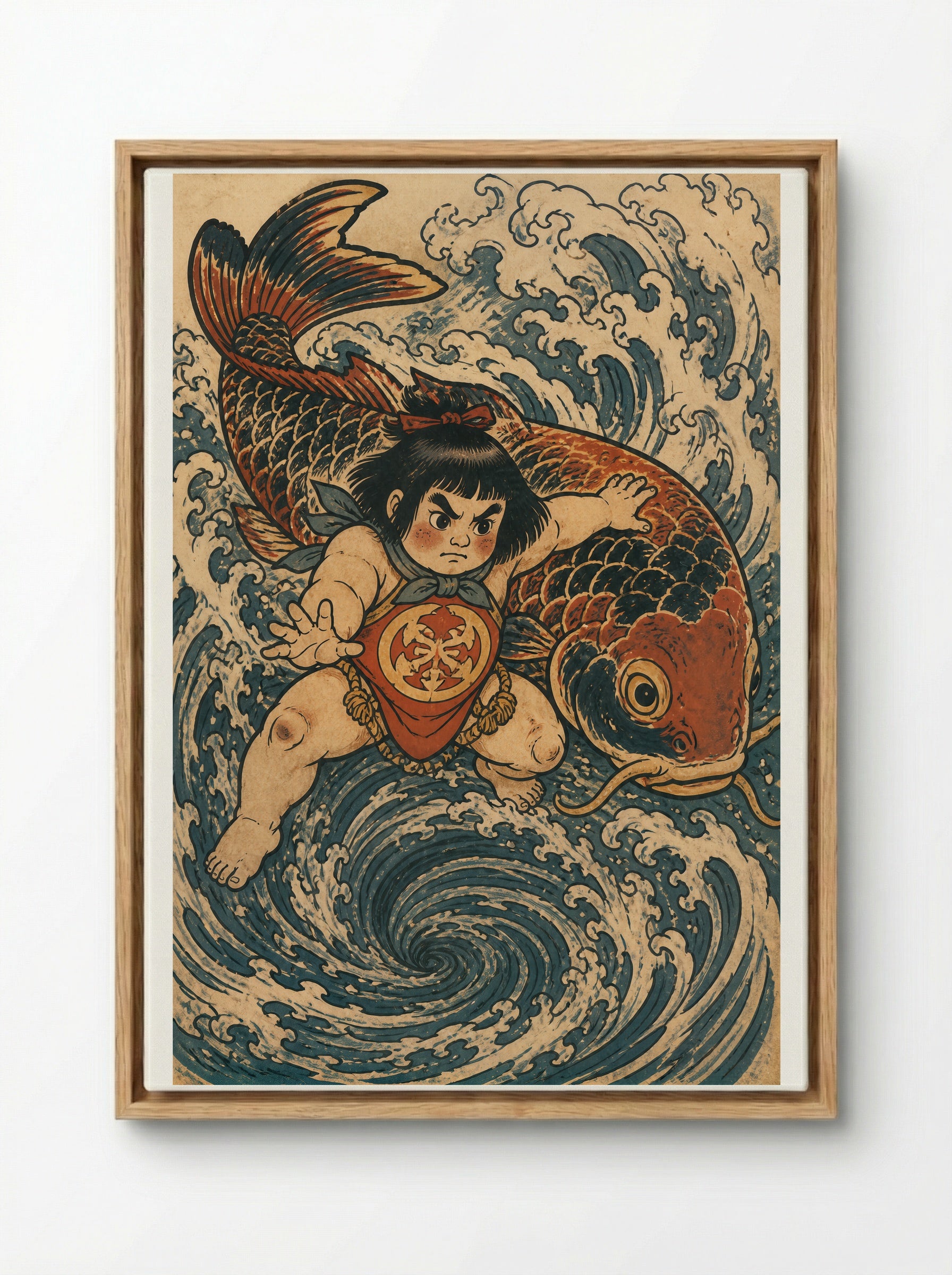 Kintaro and the Giant Carp: Returning to the Current - Framed Canvas Wood