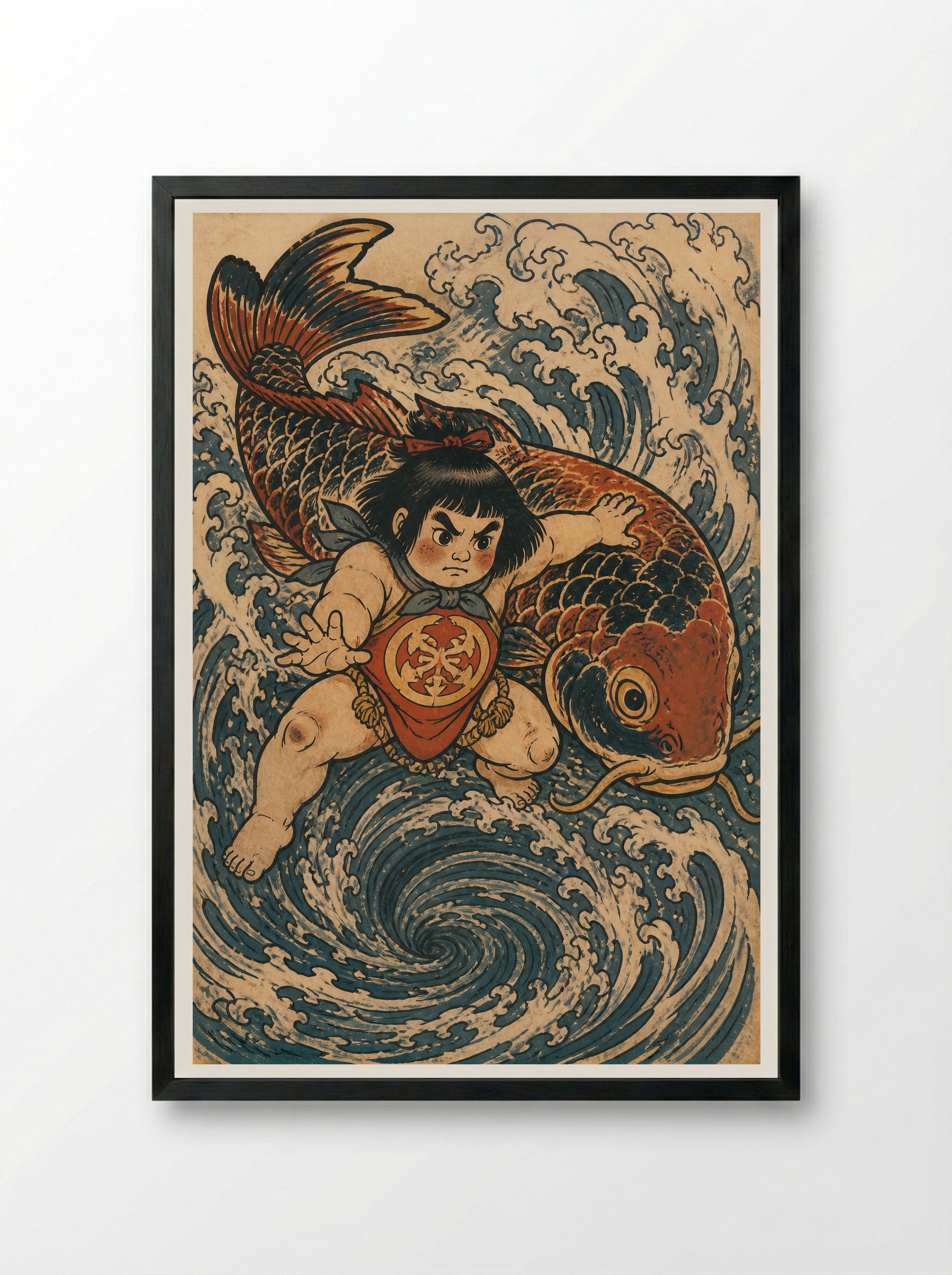 Kintaro and the Giant Carp: Returning to the Current - Framed Print Black