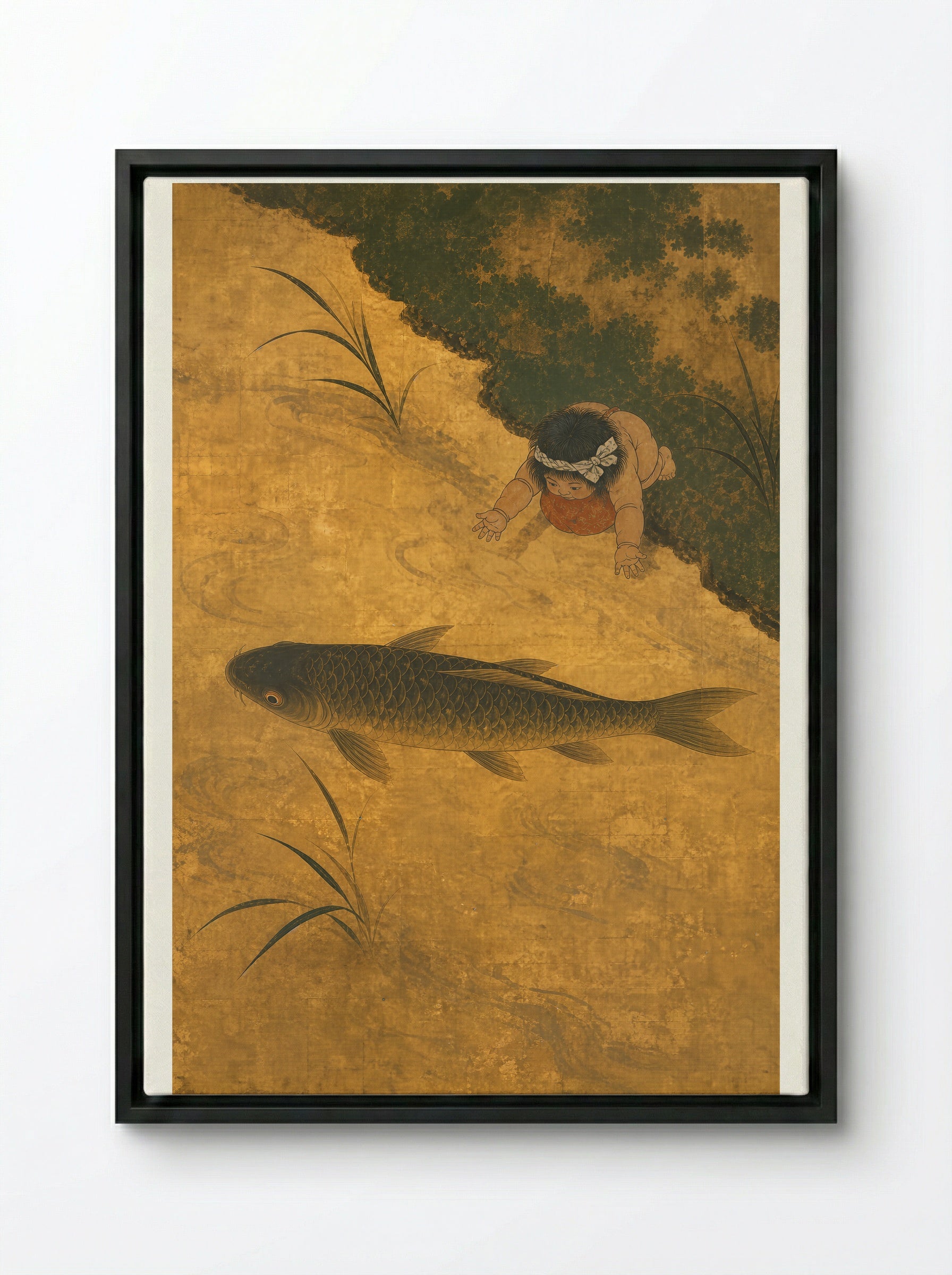 Kintaro and the Giant Carp: Strength Held in Balance - Framed Canvas Black