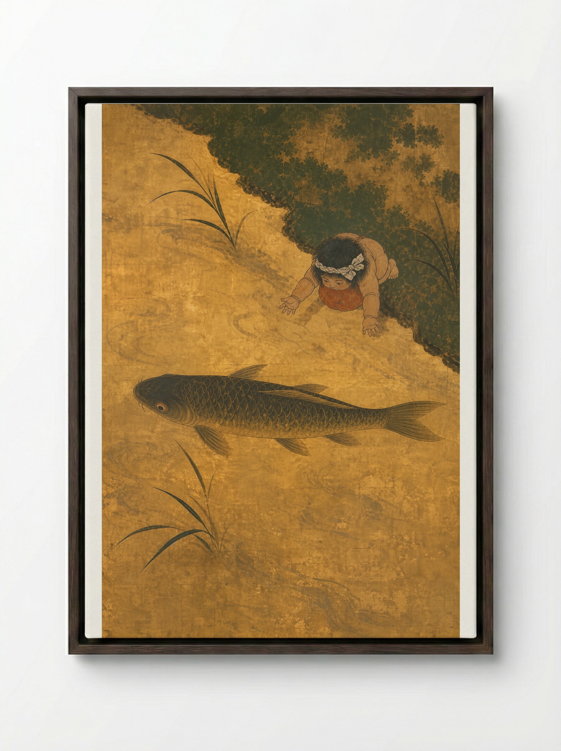 Kintaro and the Giant Carp: Strength Held in Balance - Framed Canvas Dark Wood