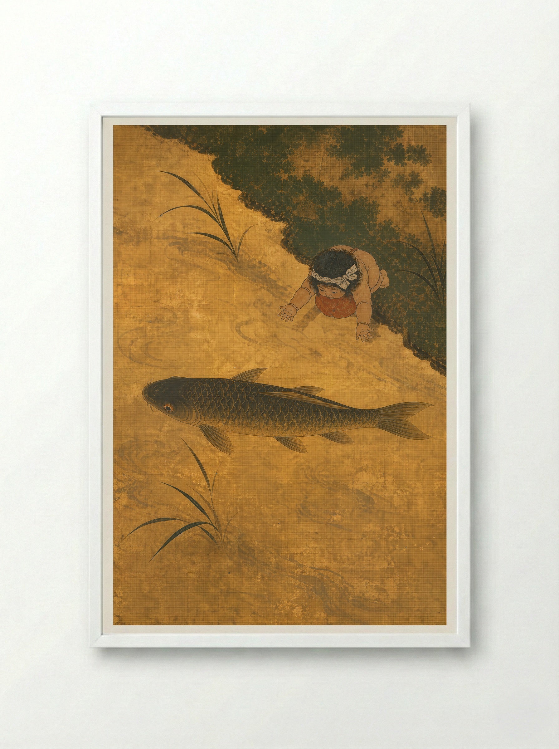 Kintaro and the Giant Carp: Strength Held in Balance - Framed Print White