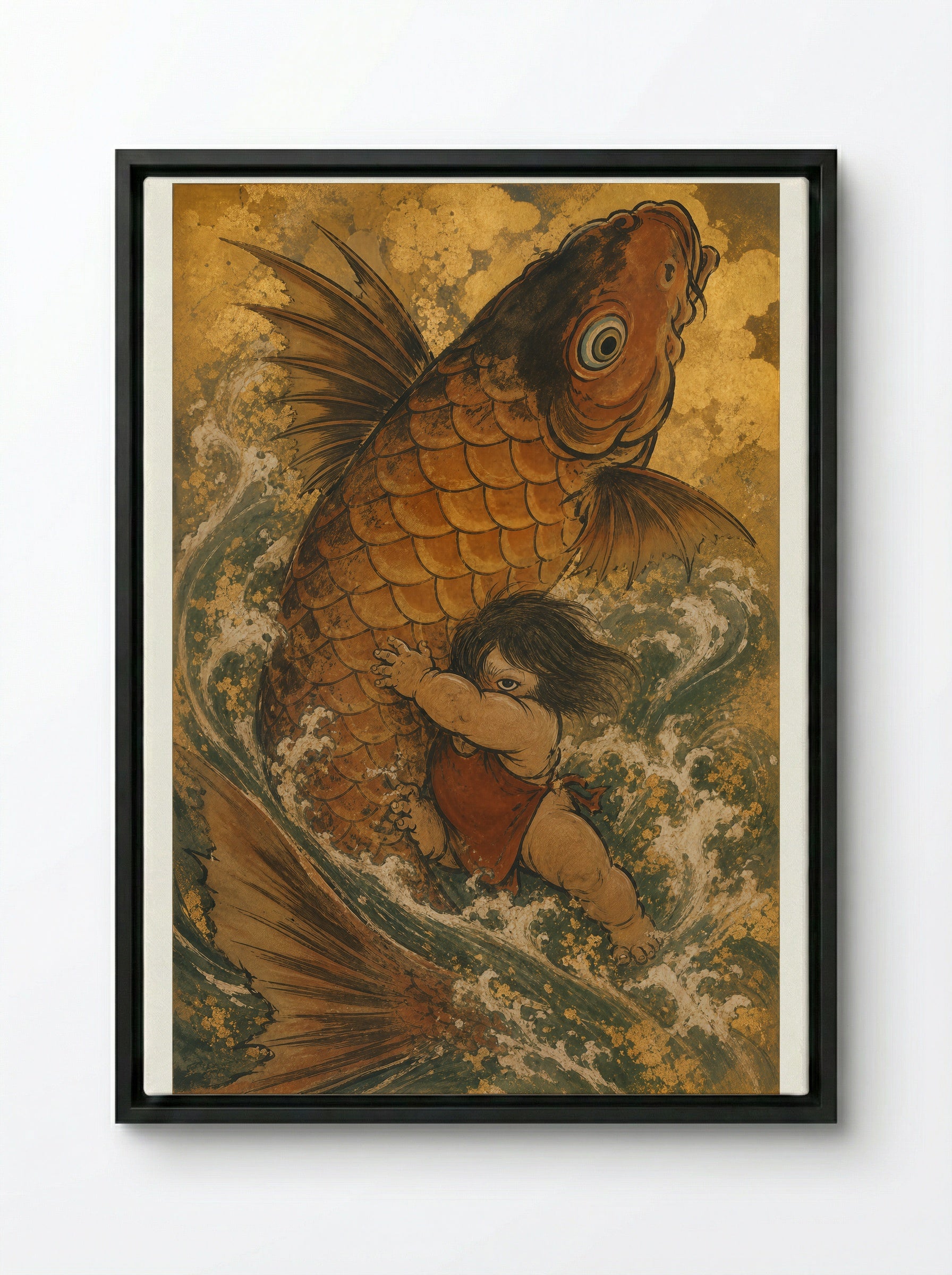 Kintaro and the Giant Carp: The Carp Turns - Framed Canvas Black