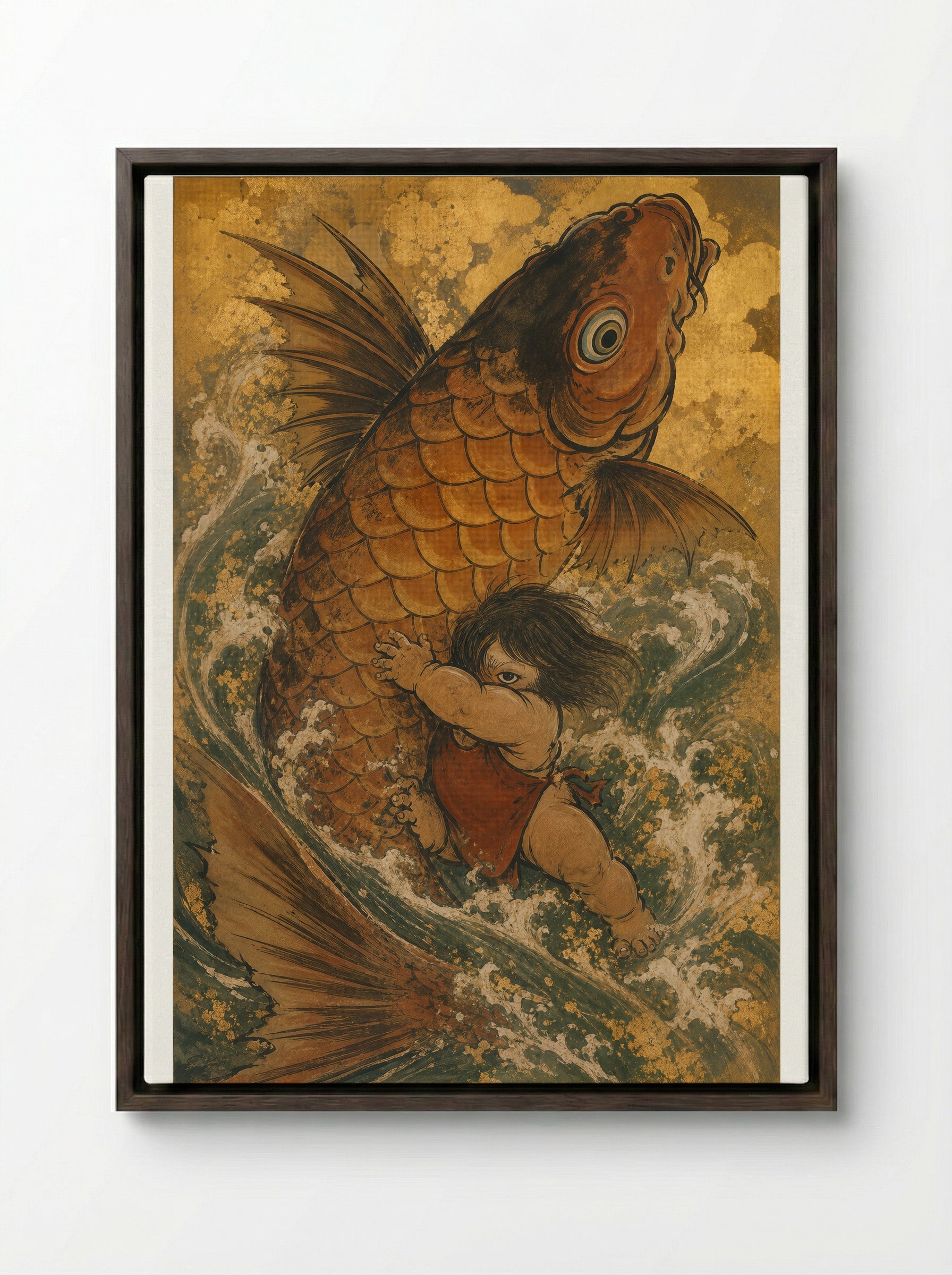 Kintaro and the Giant Carp: The Carp Turns - Framed Canvas Dark Wood