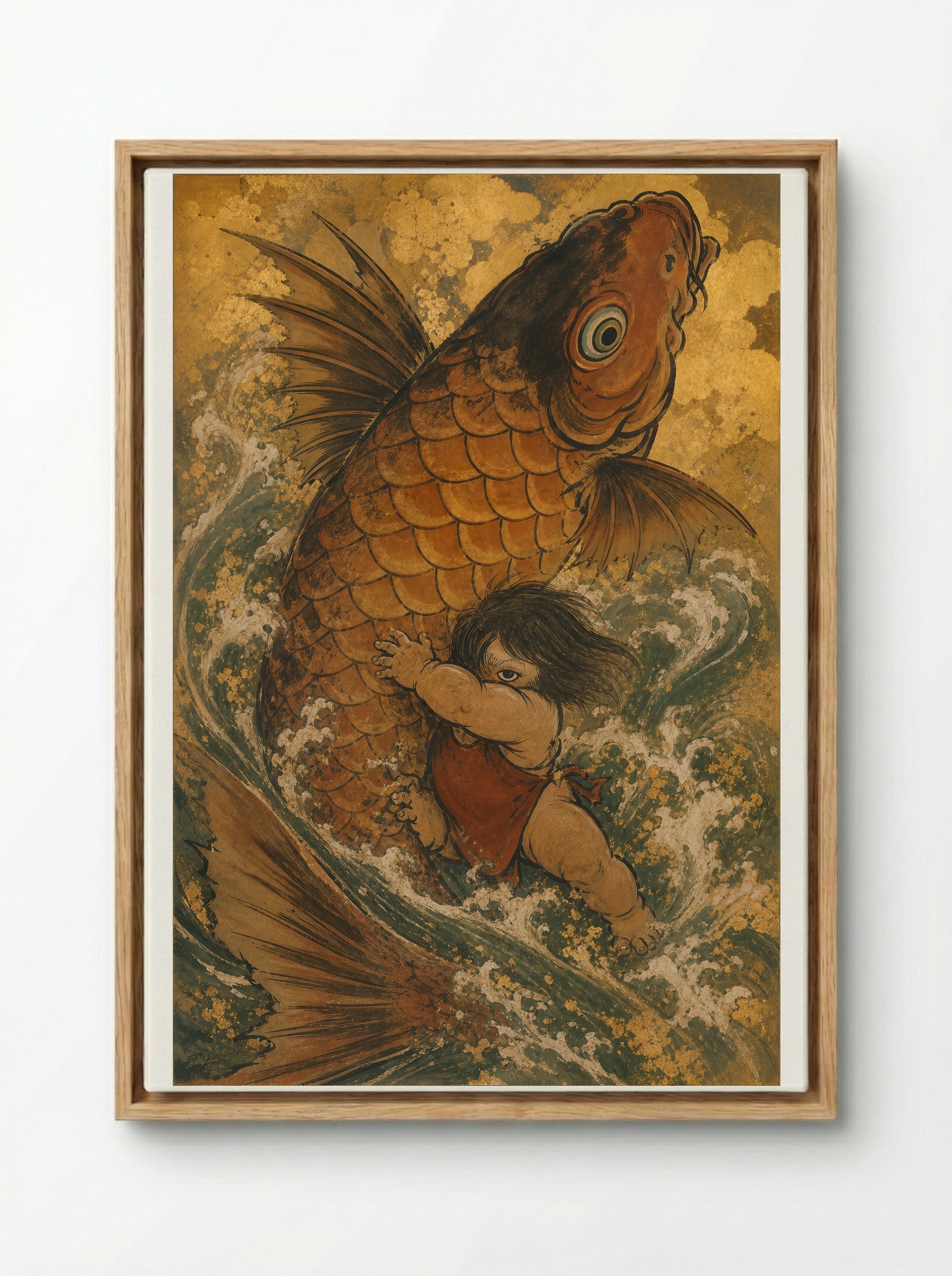 Kintaro and the Giant Carp: The Carp Turns - Framed Canvas Wood