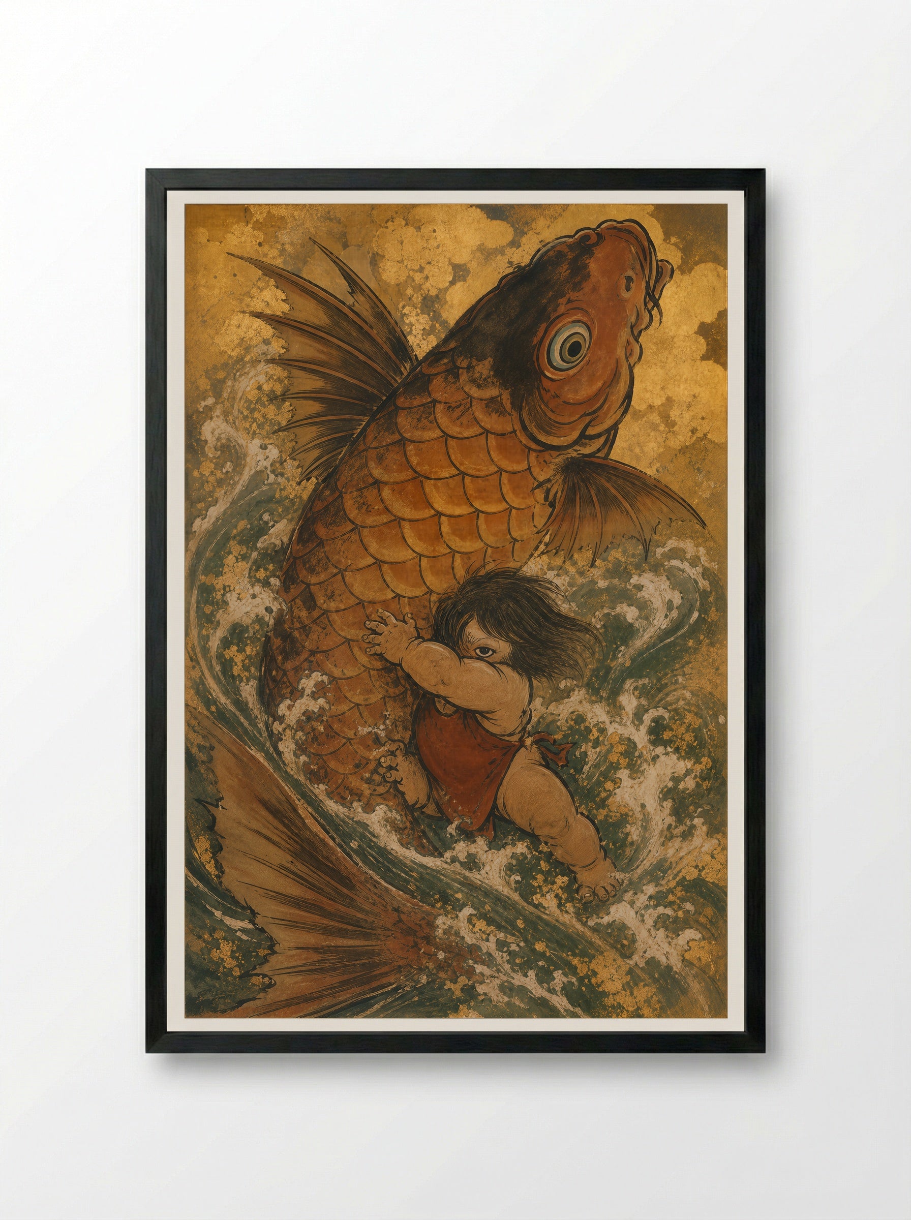 Kintaro and the Giant Carp: The Carp Turns - Framed Print Black