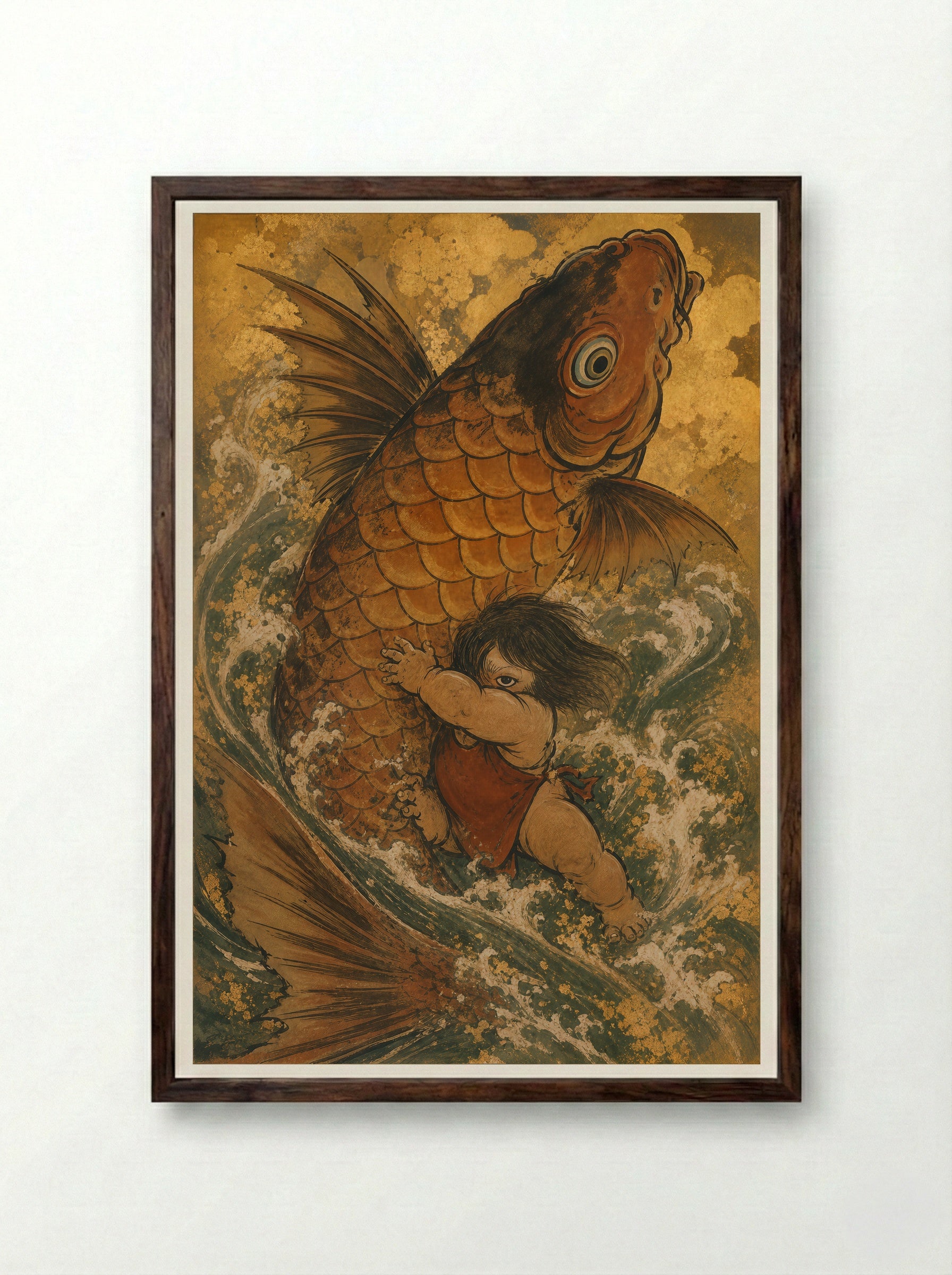 Kintaro and the Giant Carp: The Carp Turns - Framed Print Dark Wood