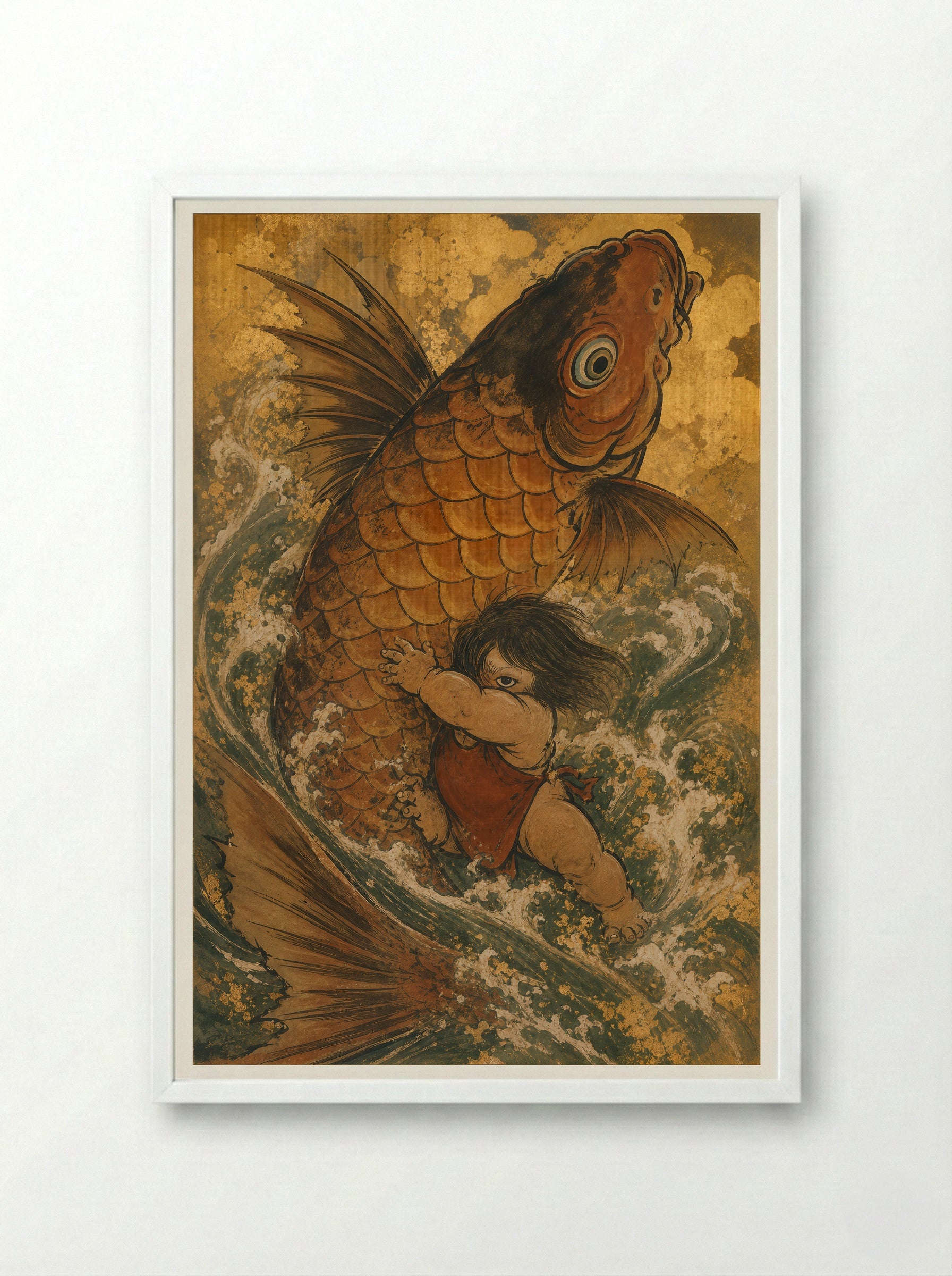 Kintaro and the Giant Carp: The Carp Turns - Framed Print White