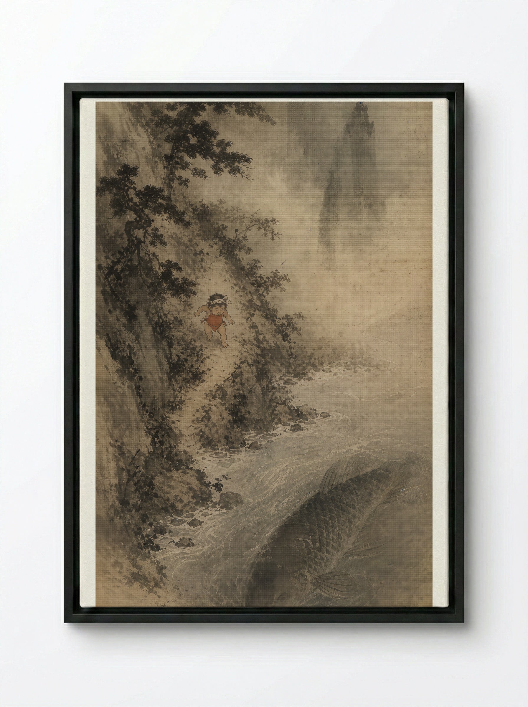Kintaro and the Giant Carp: The Mountain Stream - Framed Canvas Black