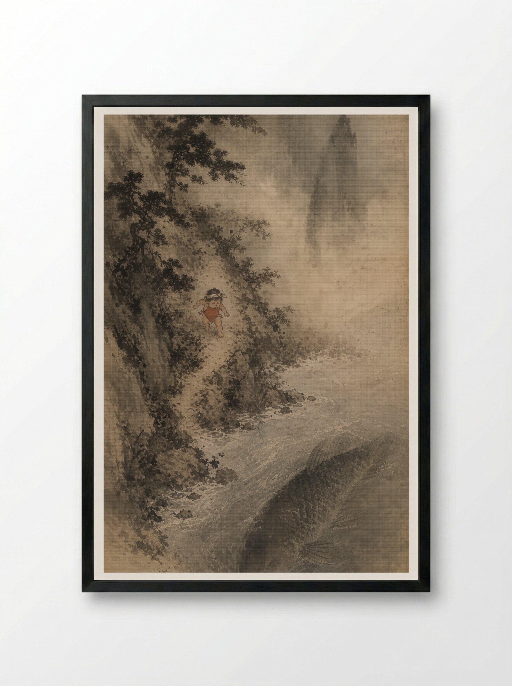 Kintaro and the Giant Carp: The Mountain Stream - Framed Print Black