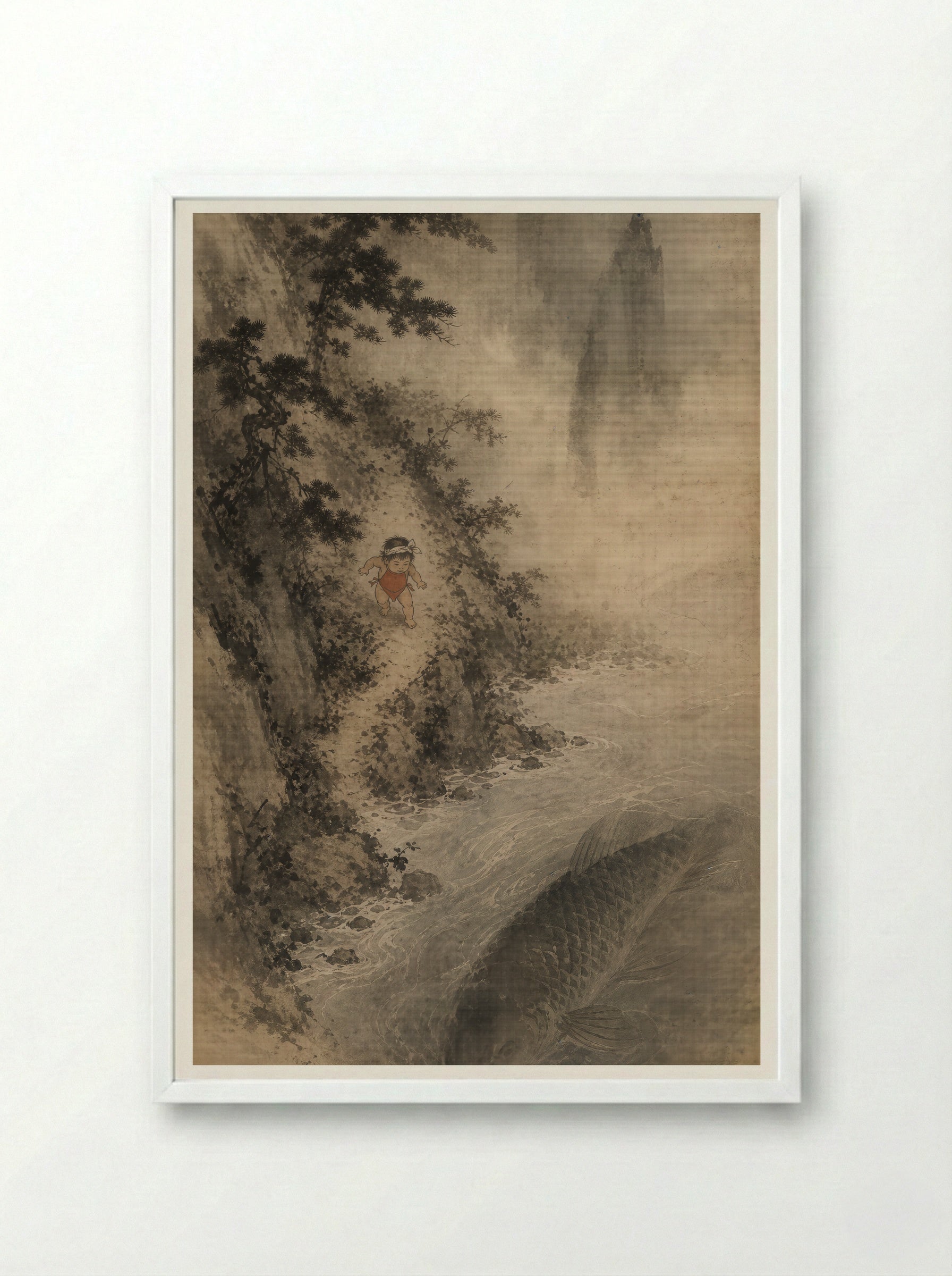Kintaro and the Giant Carp: The Mountain Stream - Framed Print White