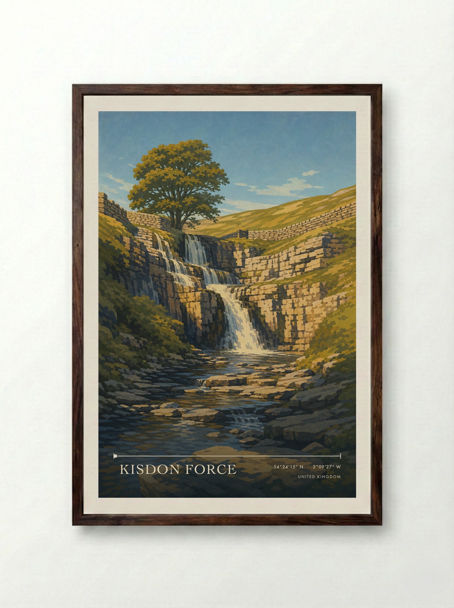 Kisdon Force United Kingdom Travel Poster - Framed Print Dark Wood