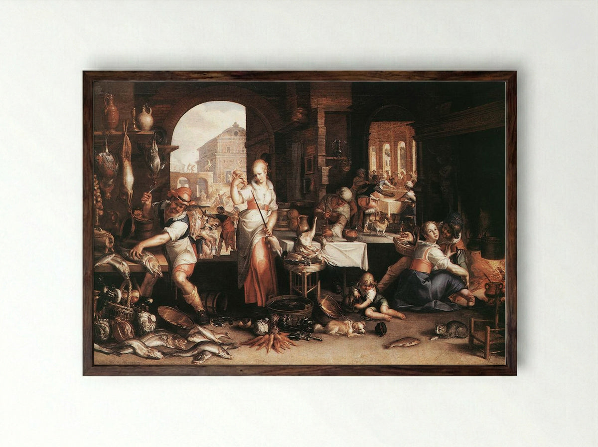 Kitchen Scene - Peter Wtewael - Framed Print Dark Wood