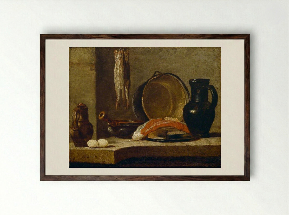 Kitchen Utensils with Leeks, Fish, and Eggs - Jean-Siméon Chardin - Framed Print Dark Wood
