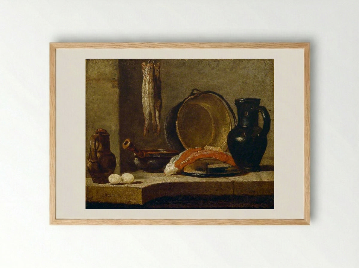 Kitchen Utensils with Leeks, Fish, and Eggs - Jean-Siméon Chardin - Framed Print Wood