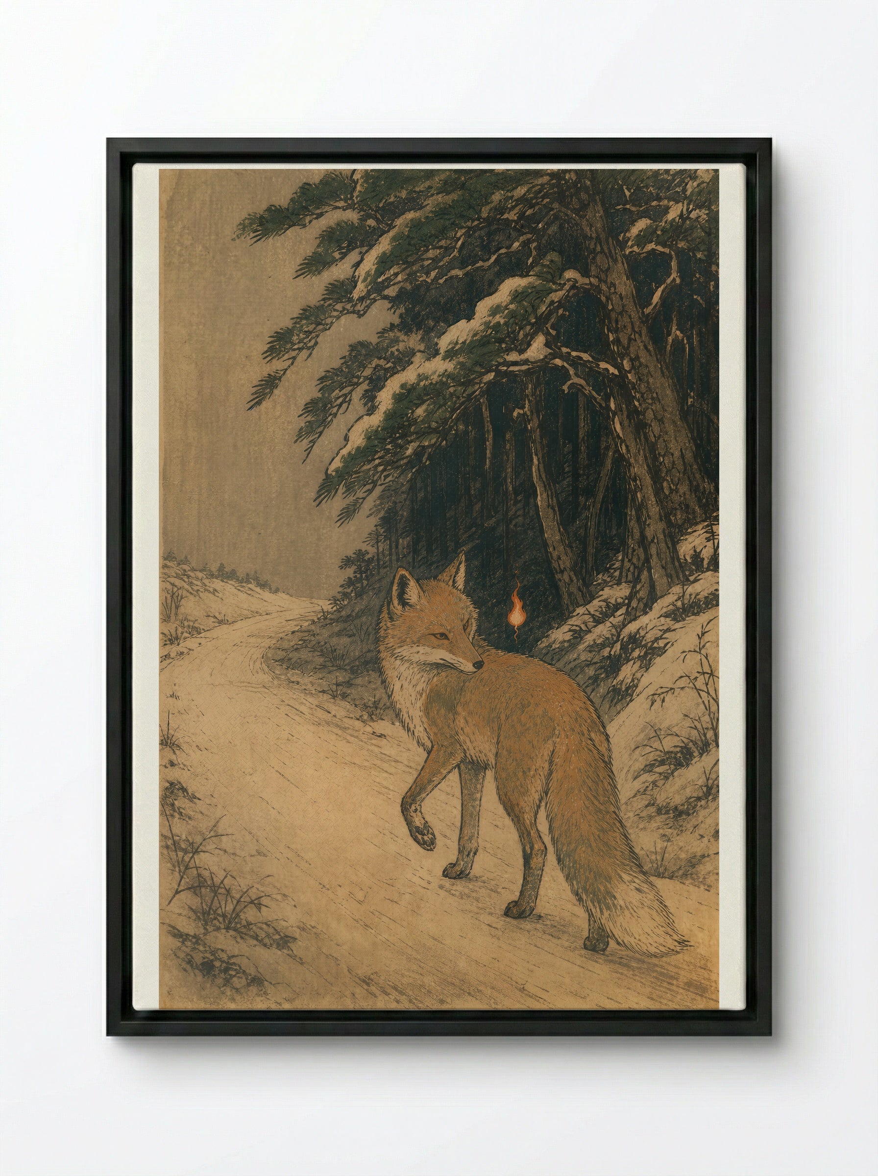 Kitsune and Foxfire at Oji: At the Edge of the Road - Framed Canvas Black