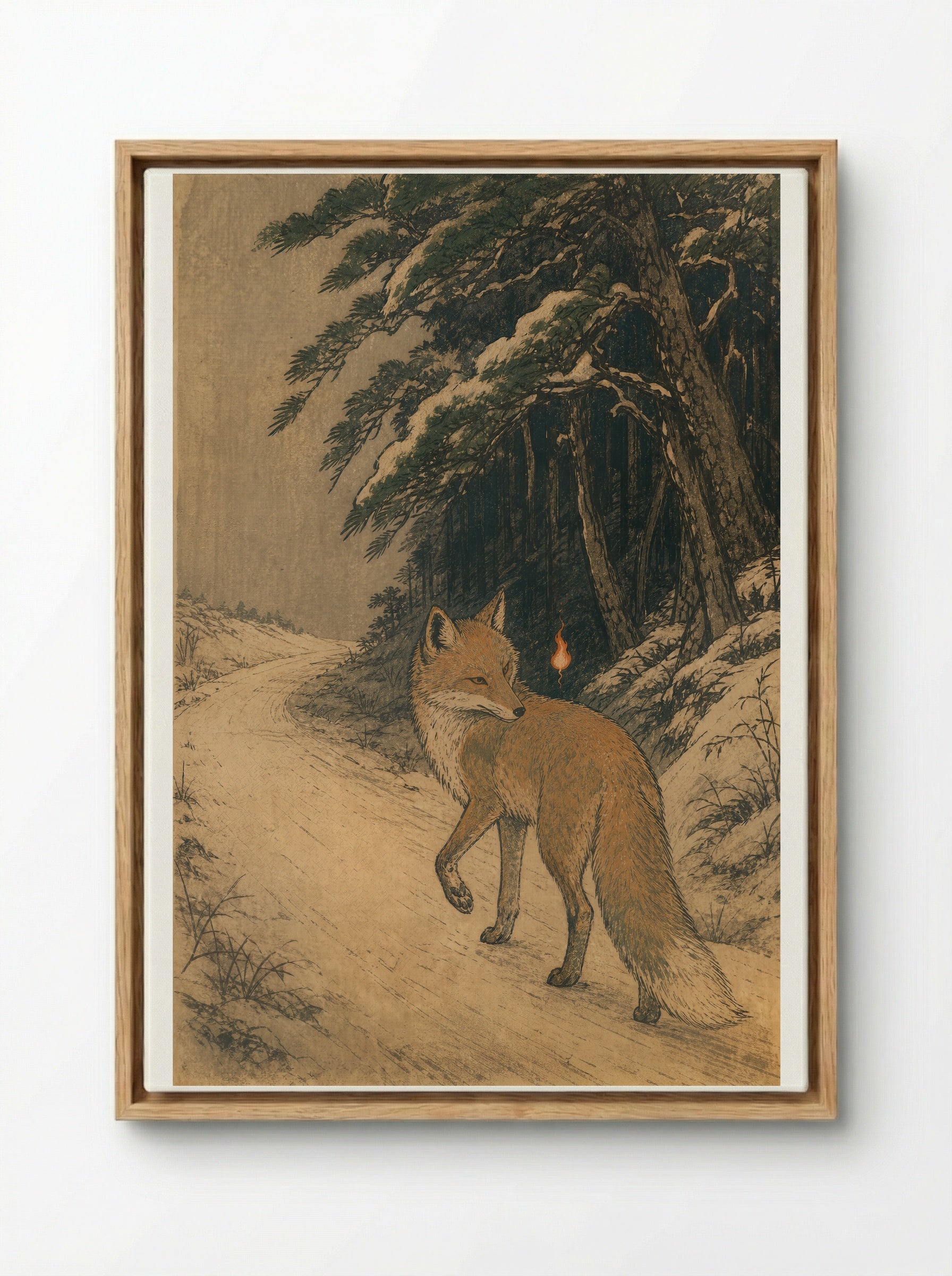Kitsune and Foxfire at Oji: At the Edge of the Road - Framed Canvas Wood