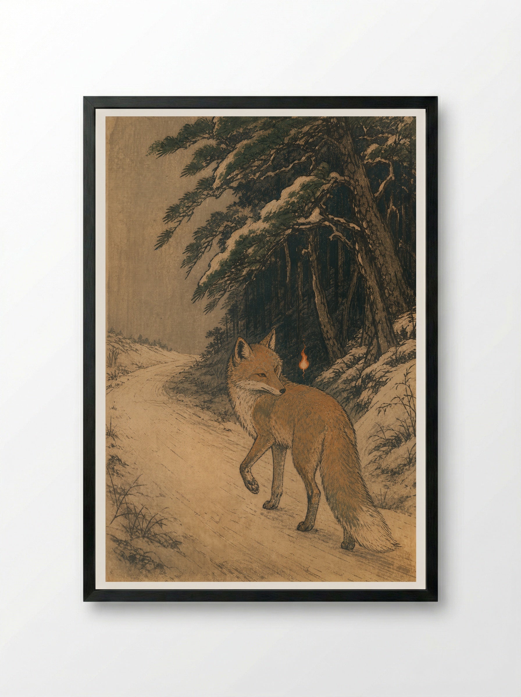 Kitsune and Foxfire at Oji: At the Edge of the Road - Framed Print Black