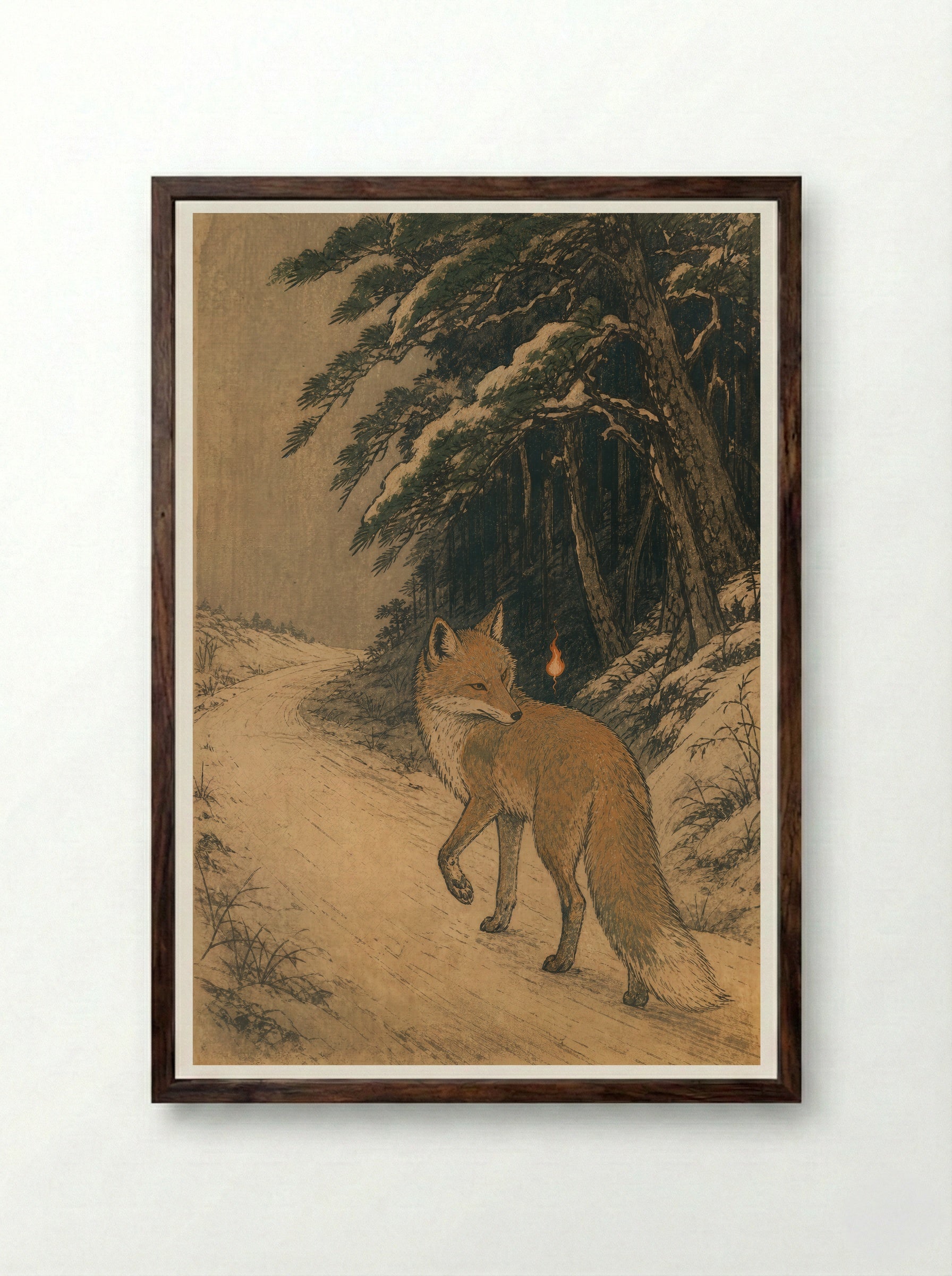 Kitsune and Foxfire at Oji: At the Edge of the Road - Framed Print Dark Wood
