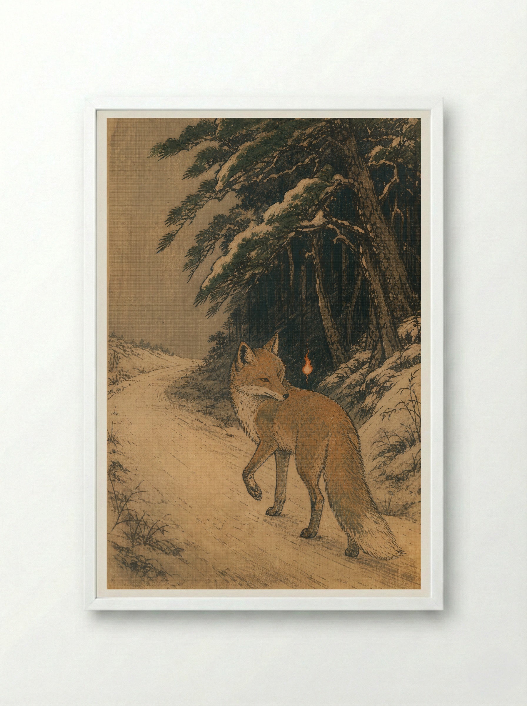 Kitsune and Foxfire at Oji: At the Edge of the Road - Framed Print White