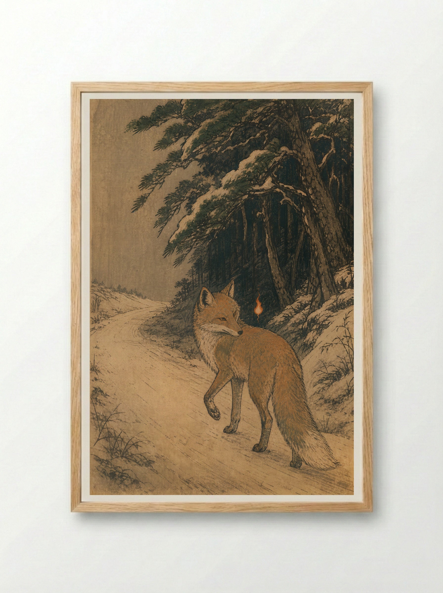 Kitsune and Foxfire at Oji: At the Edge of the Road - Framed Print Wood