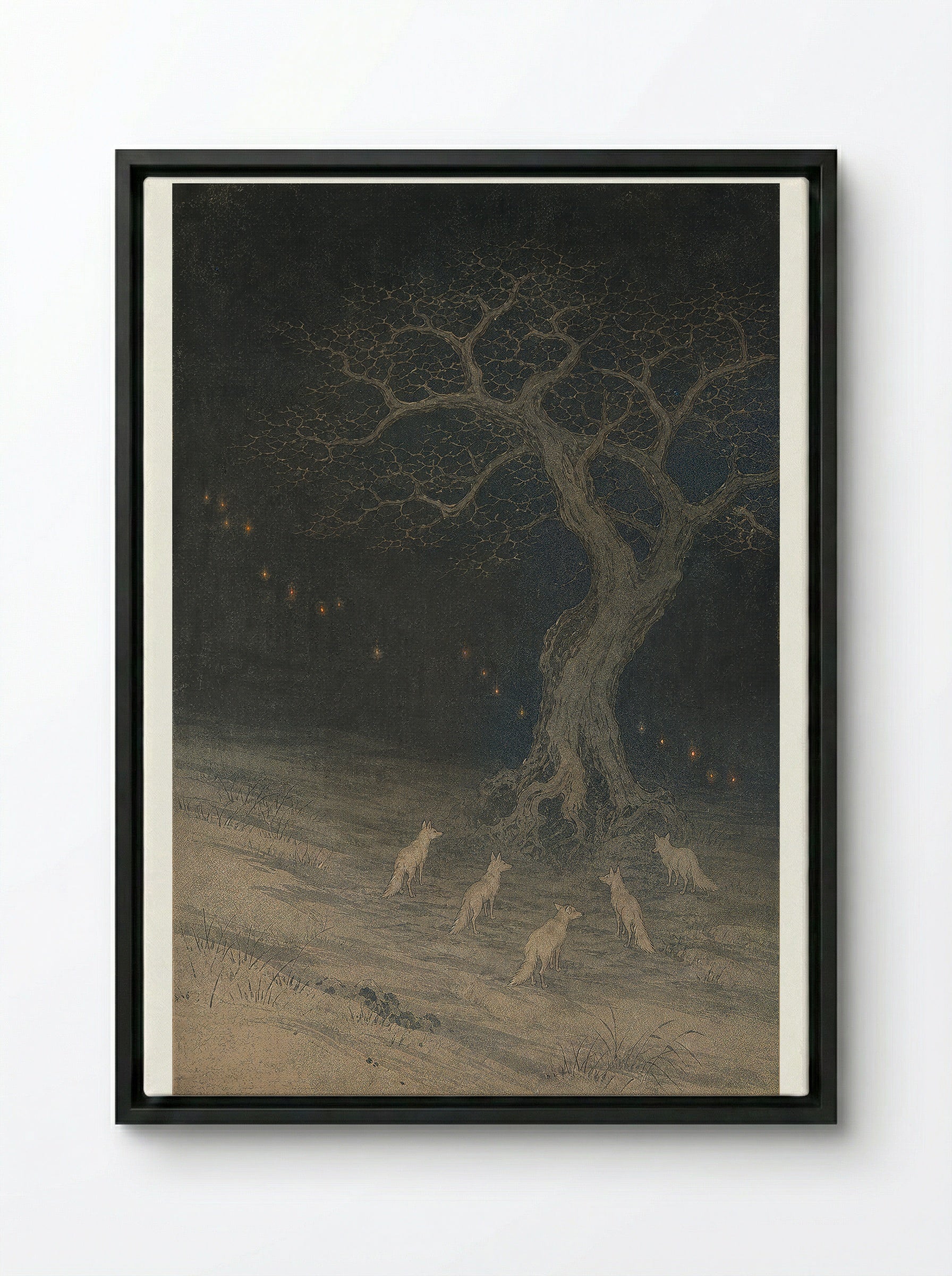 Kitsune and Foxfire at Oji: Beneath the Changing Tree - Framed Canvas Black