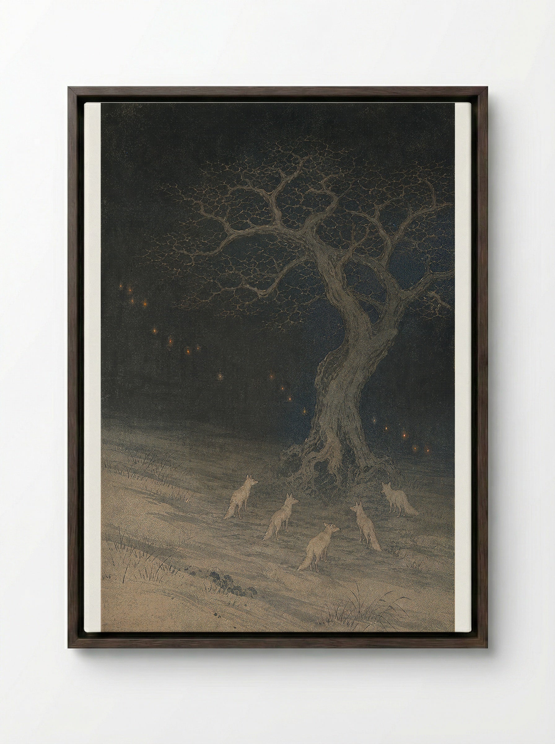Kitsune and Foxfire at Oji: Beneath the Changing Tree - Framed Canvas Dark Wood