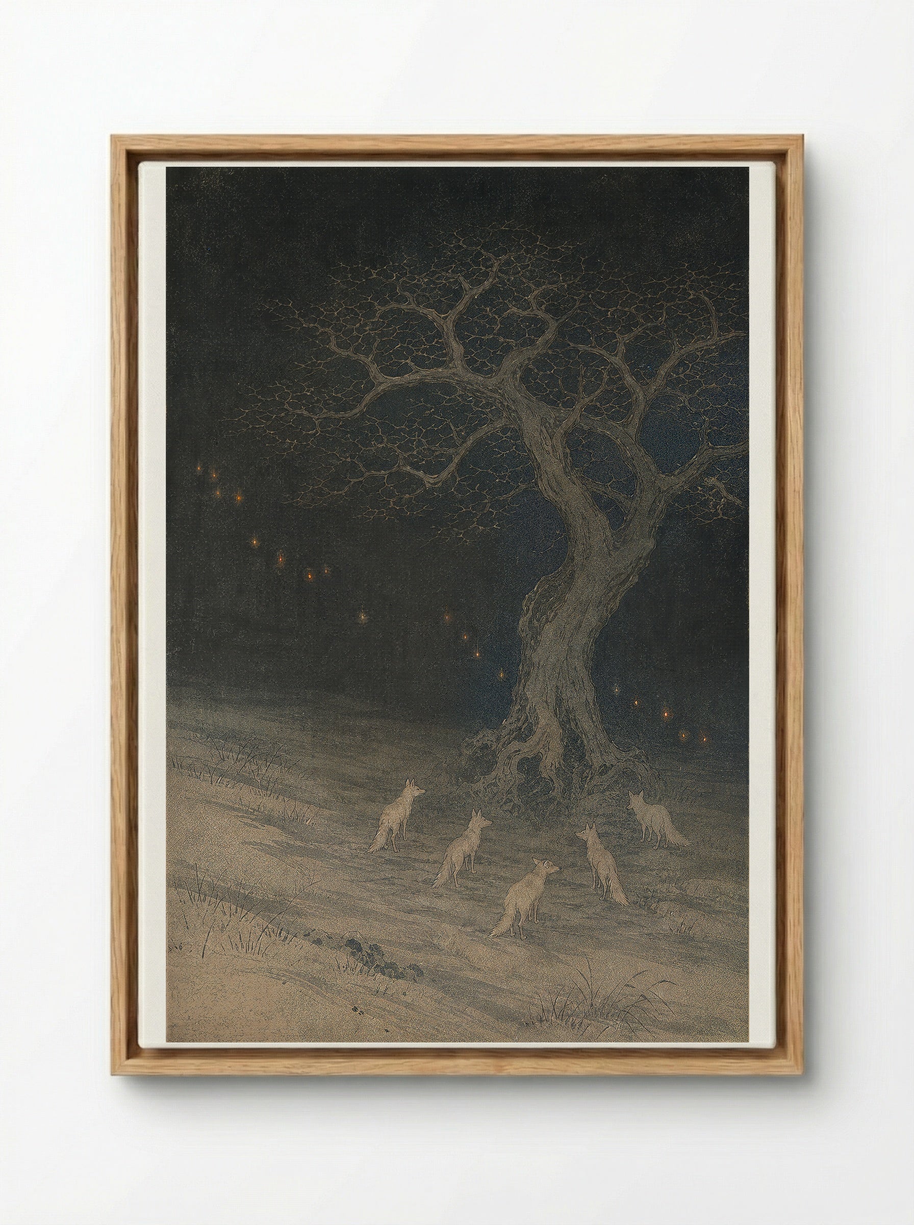 Kitsune and Foxfire at Oji: Beneath the Changing Tree - Framed Canvas Wood
