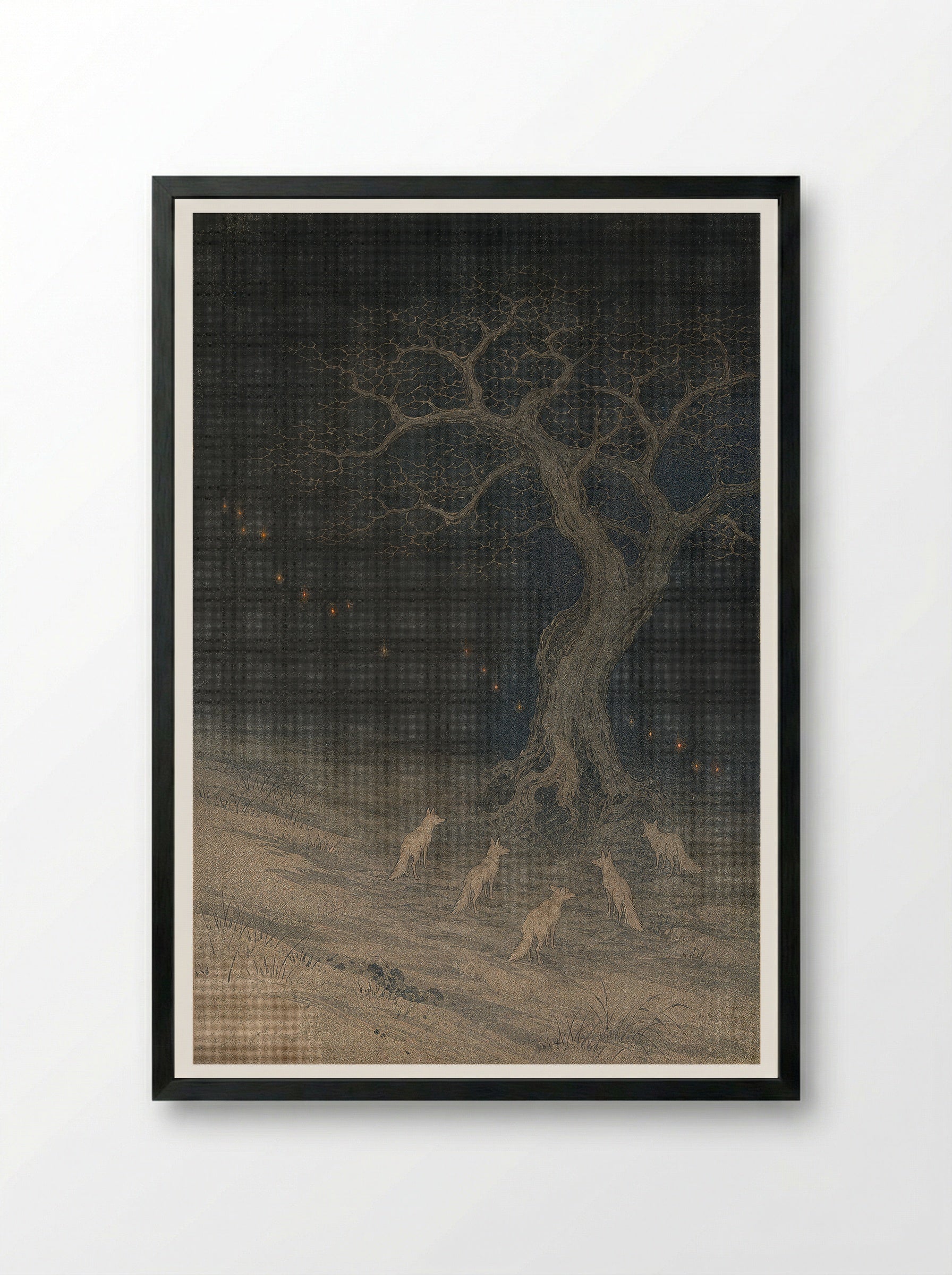 Kitsune and Foxfire at Oji: Beneath the Changing Tree - Framed Print Black