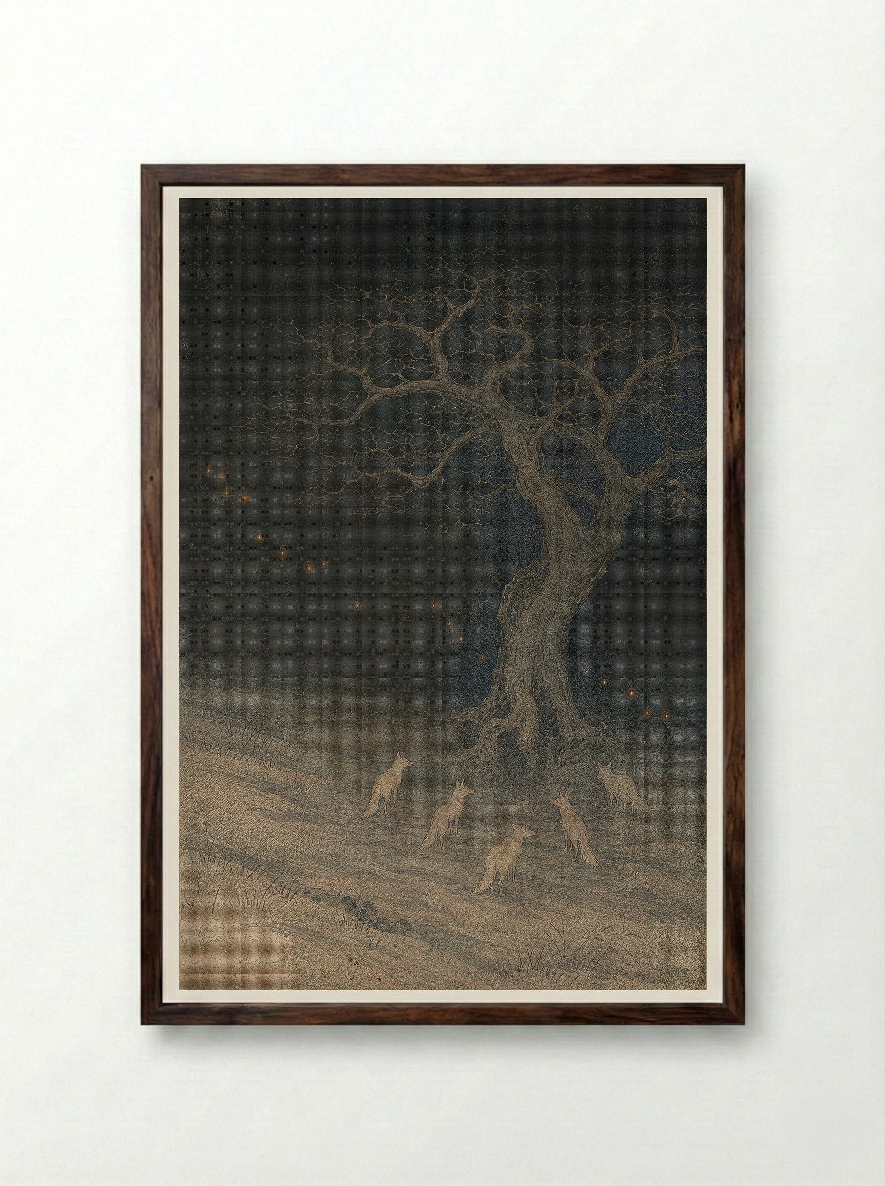 Kitsune and Foxfire at Oji: Beneath the Changing Tree - Framed Print Dark Wood