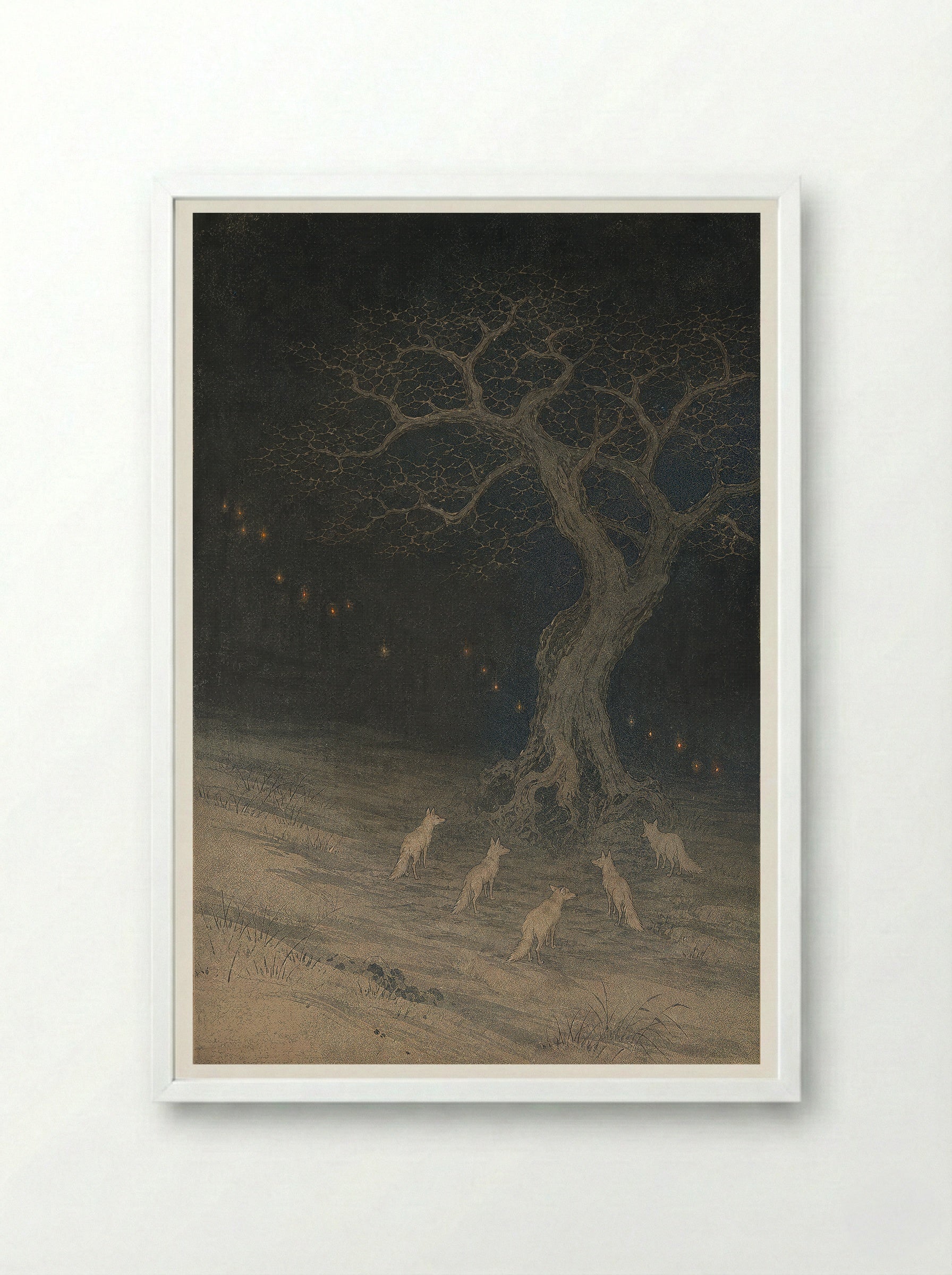 Kitsune and Foxfire at Oji: Beneath the Changing Tree - Framed Print White