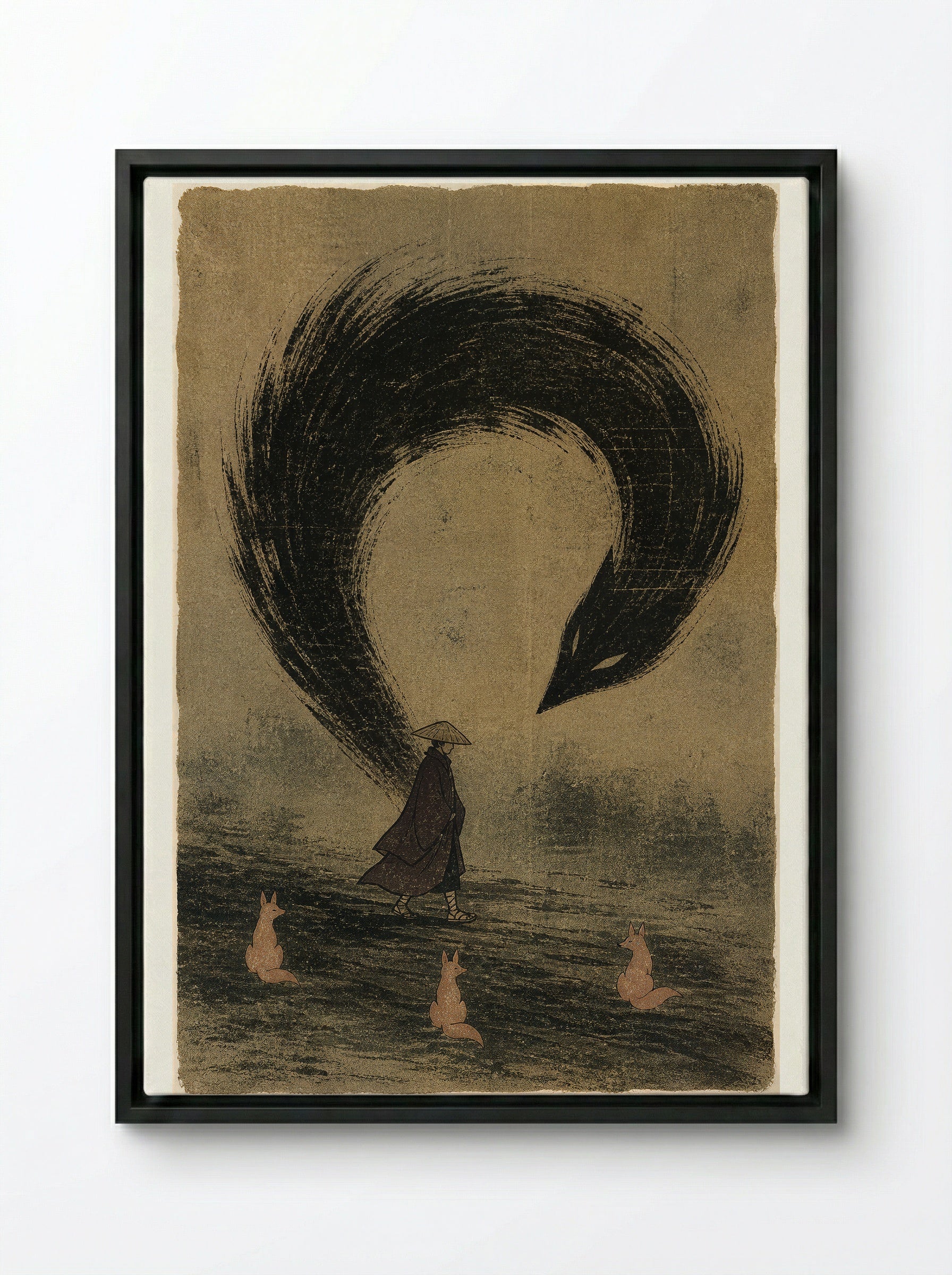 Kitsune and Foxfire at Oji: The Human Shadow Breaks - Framed Canvas Black