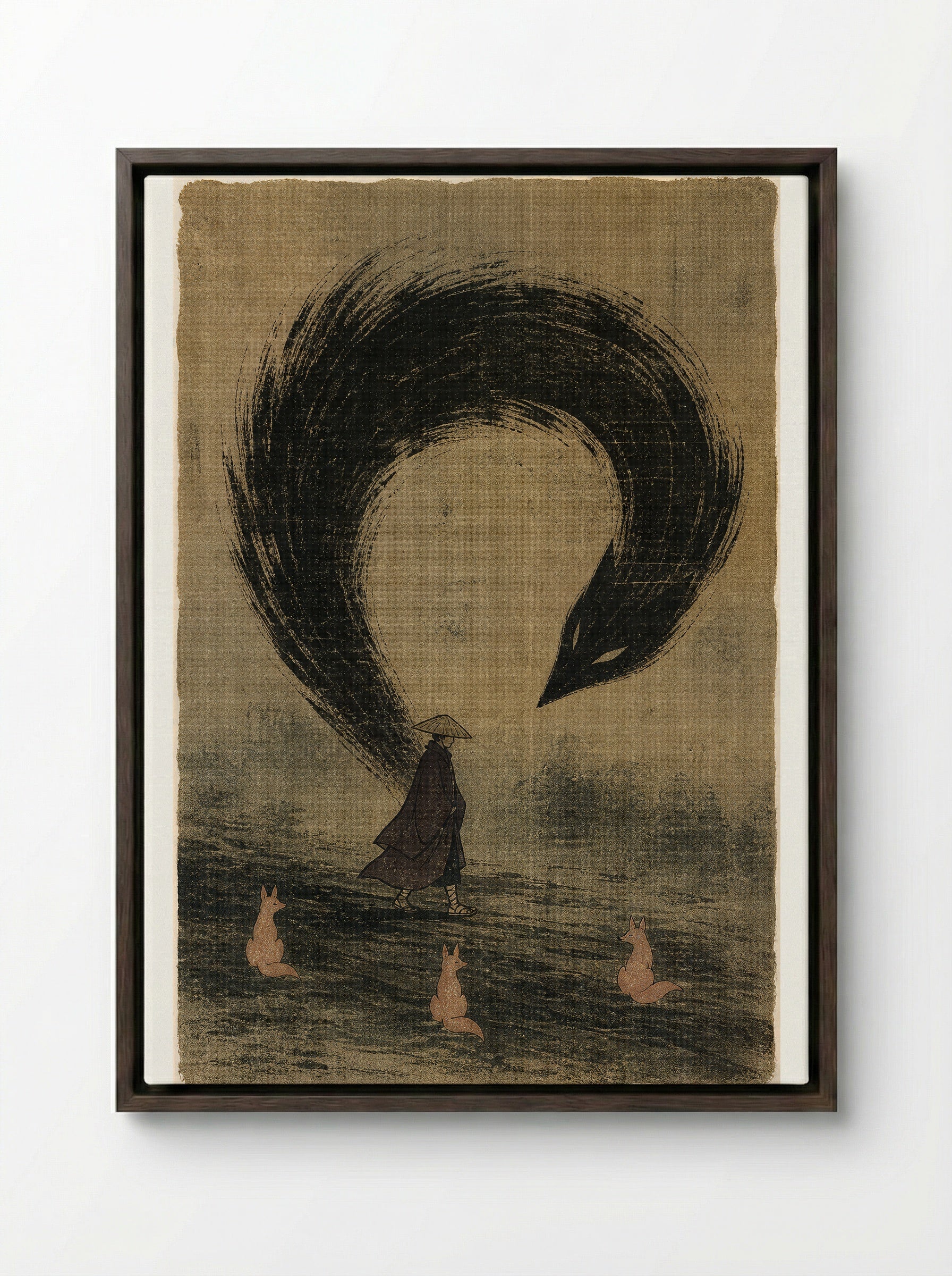 Kitsune and Foxfire at Oji: The Human Shadow Breaks - Framed Canvas Dark Wood