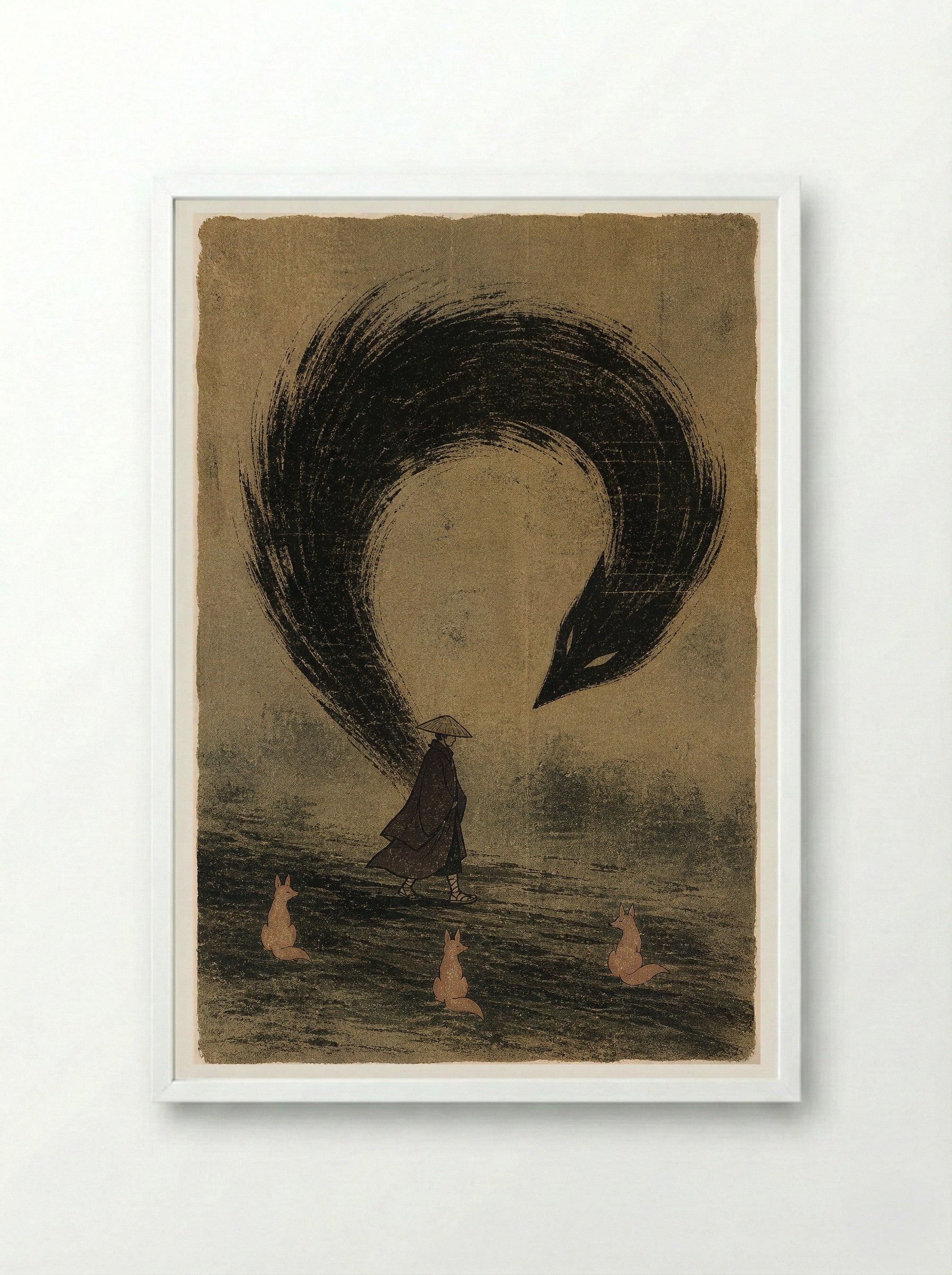 Kitsune and Foxfire at Oji: The Human Shadow Breaks - Framed Print White