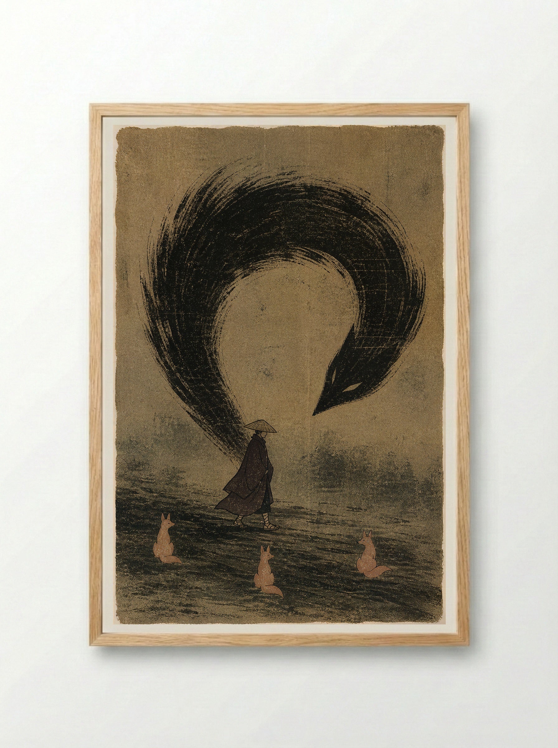 Kitsune and Foxfire at Oji: The Human Shadow Breaks - Framed Print Wood