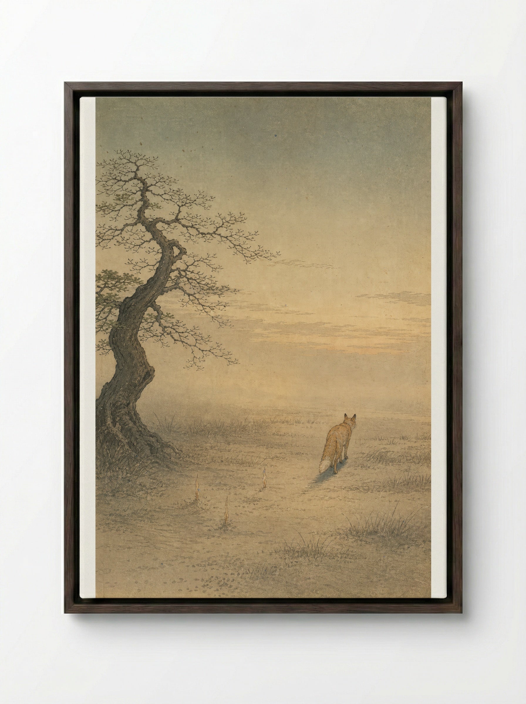 Kitsune and Foxfire at Oji: The Last Foxfire - Framed Canvas Dark Wood
