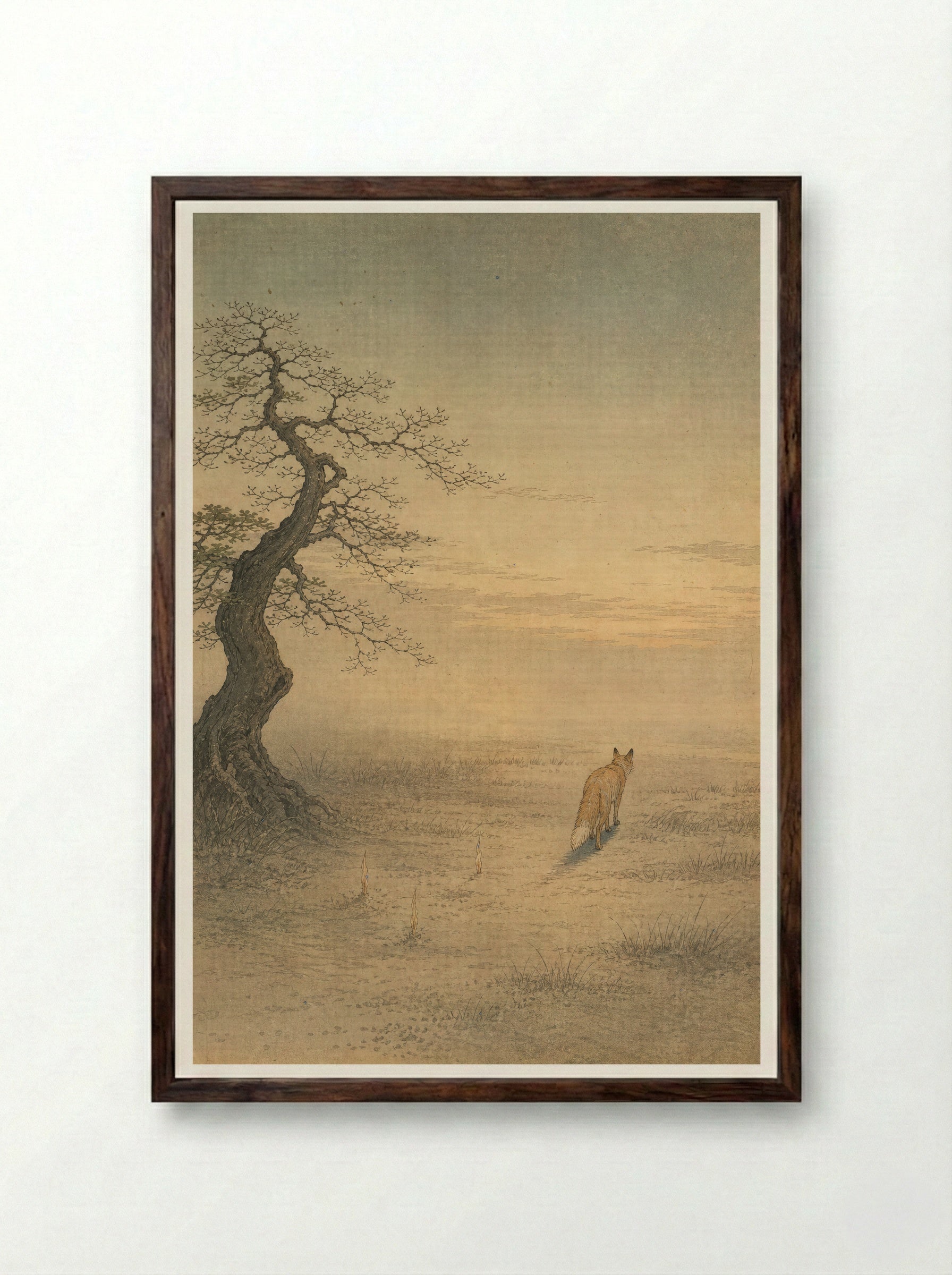 Kitsune and Foxfire at Oji: The Last Foxfire - Framed Print Dark Wood