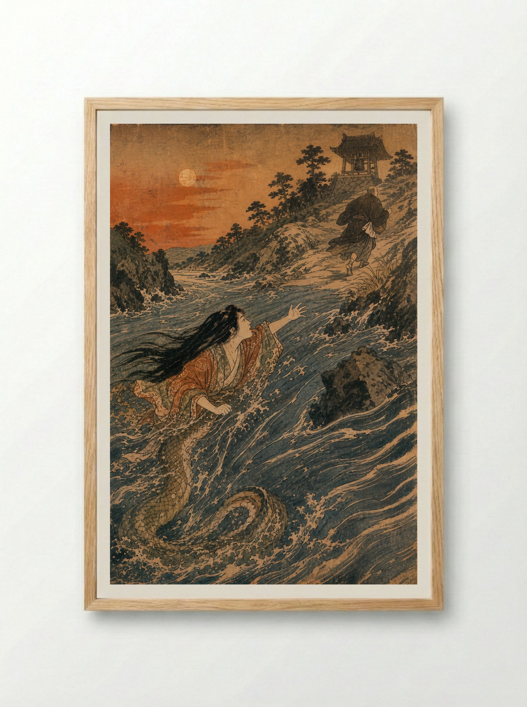Kiyohime and the Bell of Dojoji: Kiyohime crosses the river - Framed Print Wood