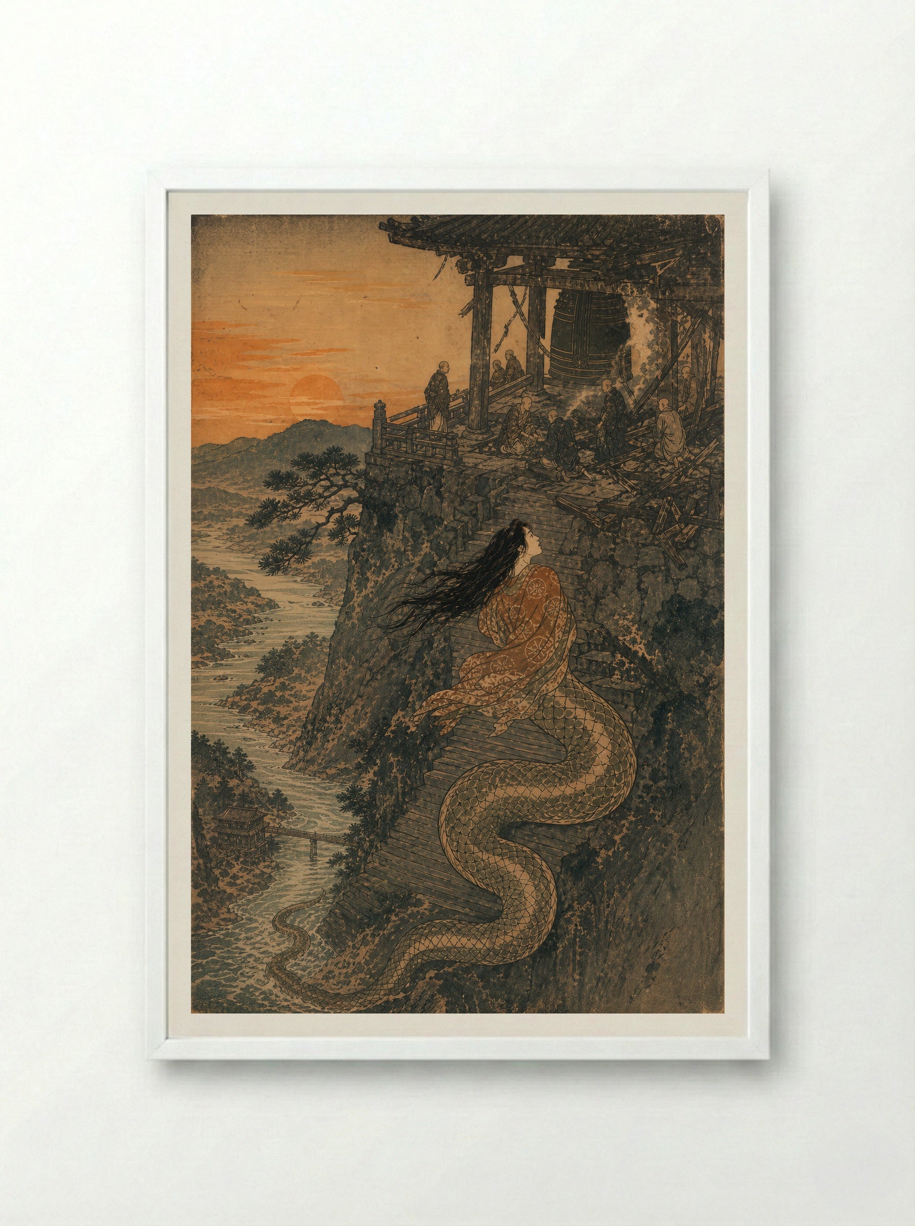 Kiyohime and the Bell of Dojoji: The bell stands after the fire - Framed Print White