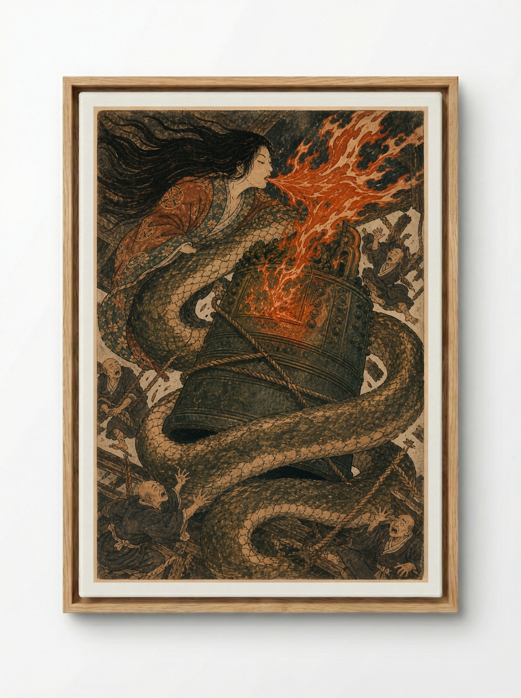 Kiyohime and the Bell of Dojoji: The human form gives way - Framed Canvas Wood