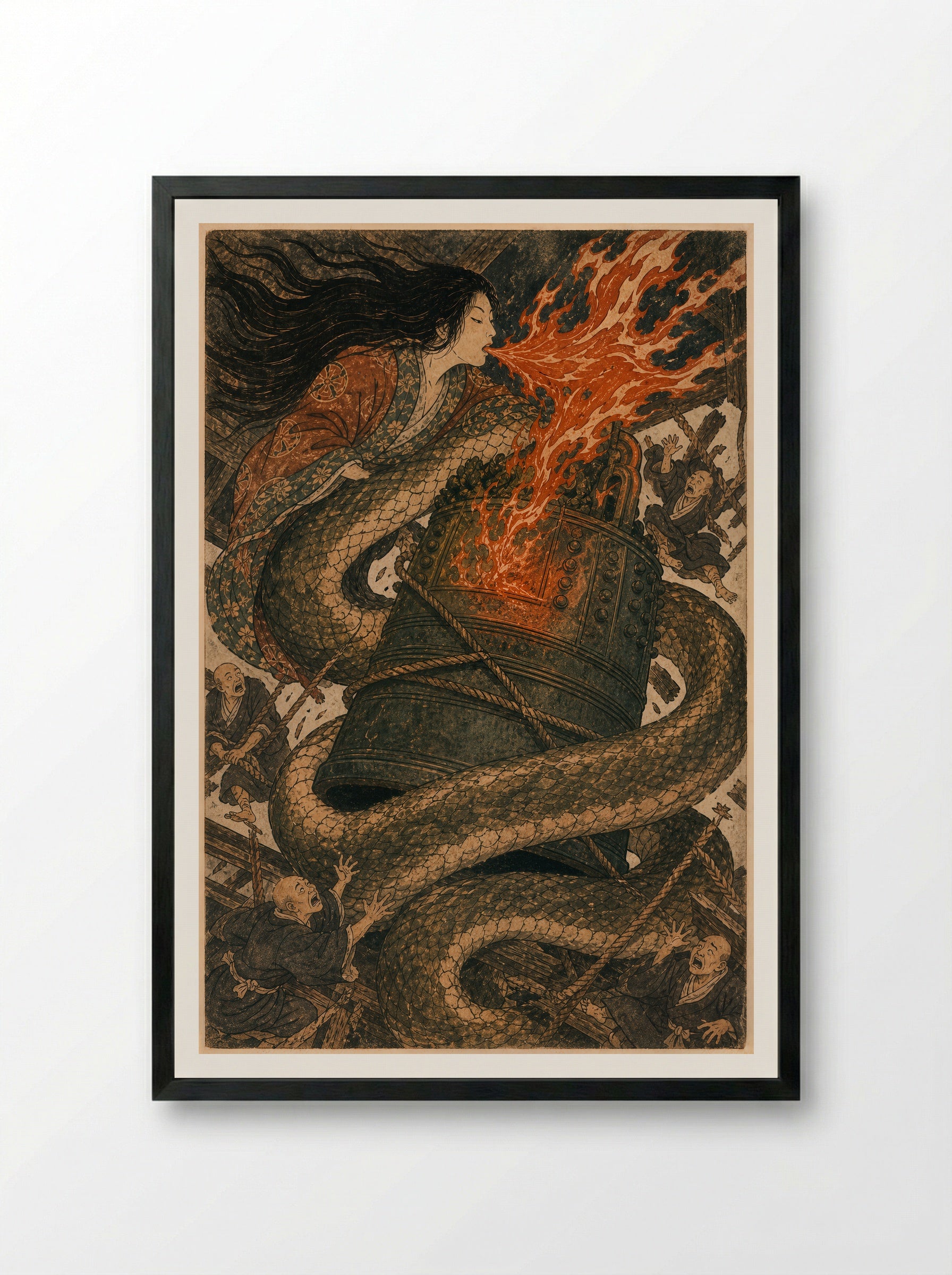 Kiyohime and the Bell of Dojoji: The human form gives way - Framed Print Black