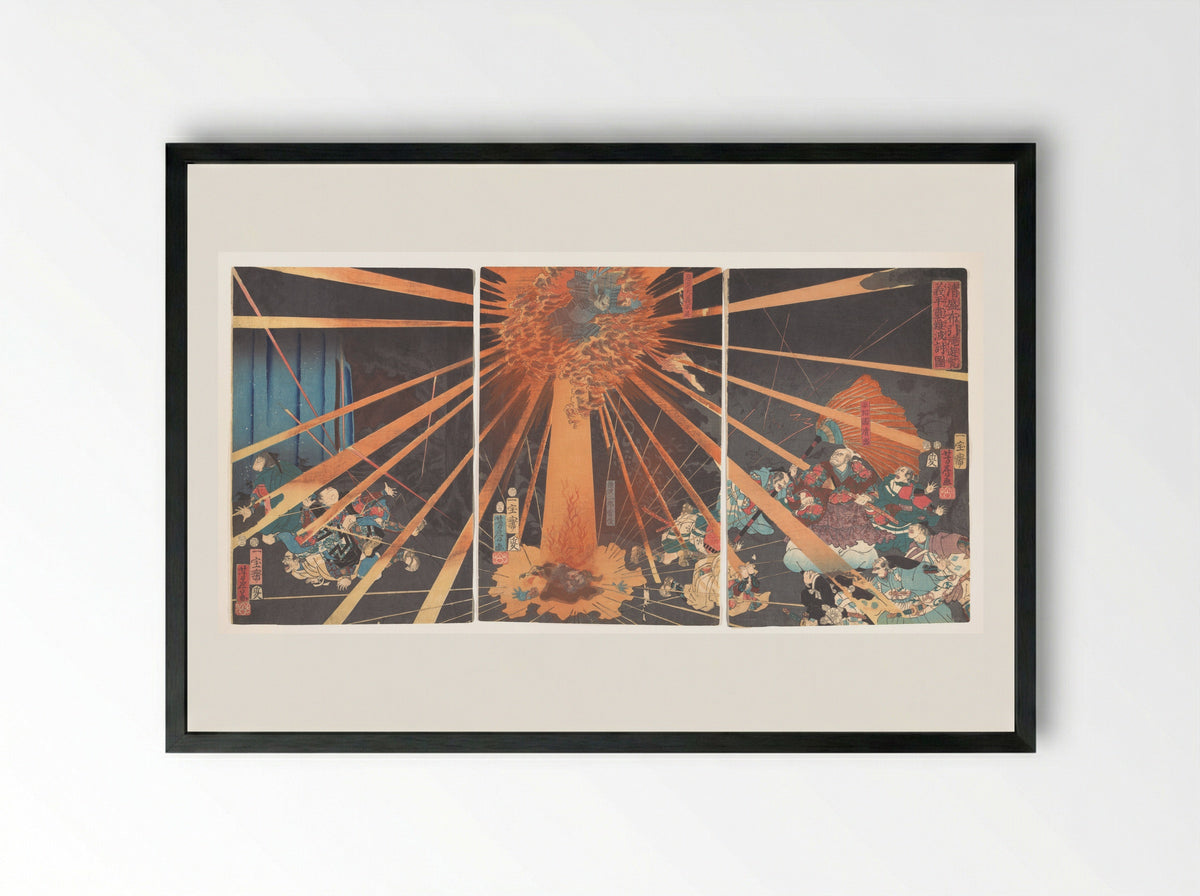 Kiyomori’s Visit to Nunobiki Waterfall: The Ghost of Yoshihira Taking Revenge on Nanba - Utagawa Yoshifusa - Framed Print Black