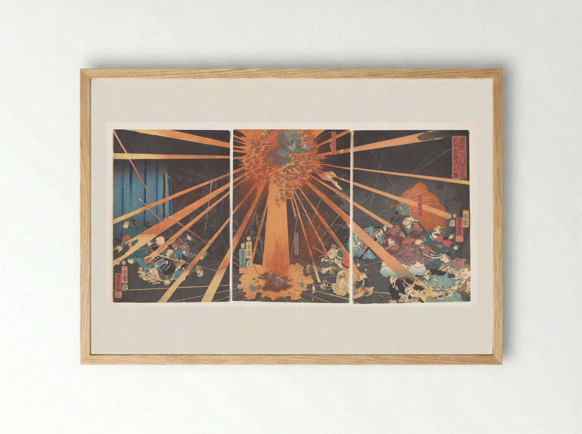Kiyomori’s Visit to Nunobiki Waterfall: The Ghost of Yoshihira Taking Revenge on Nanba - Utagawa Yoshifusa - Framed Print Wood