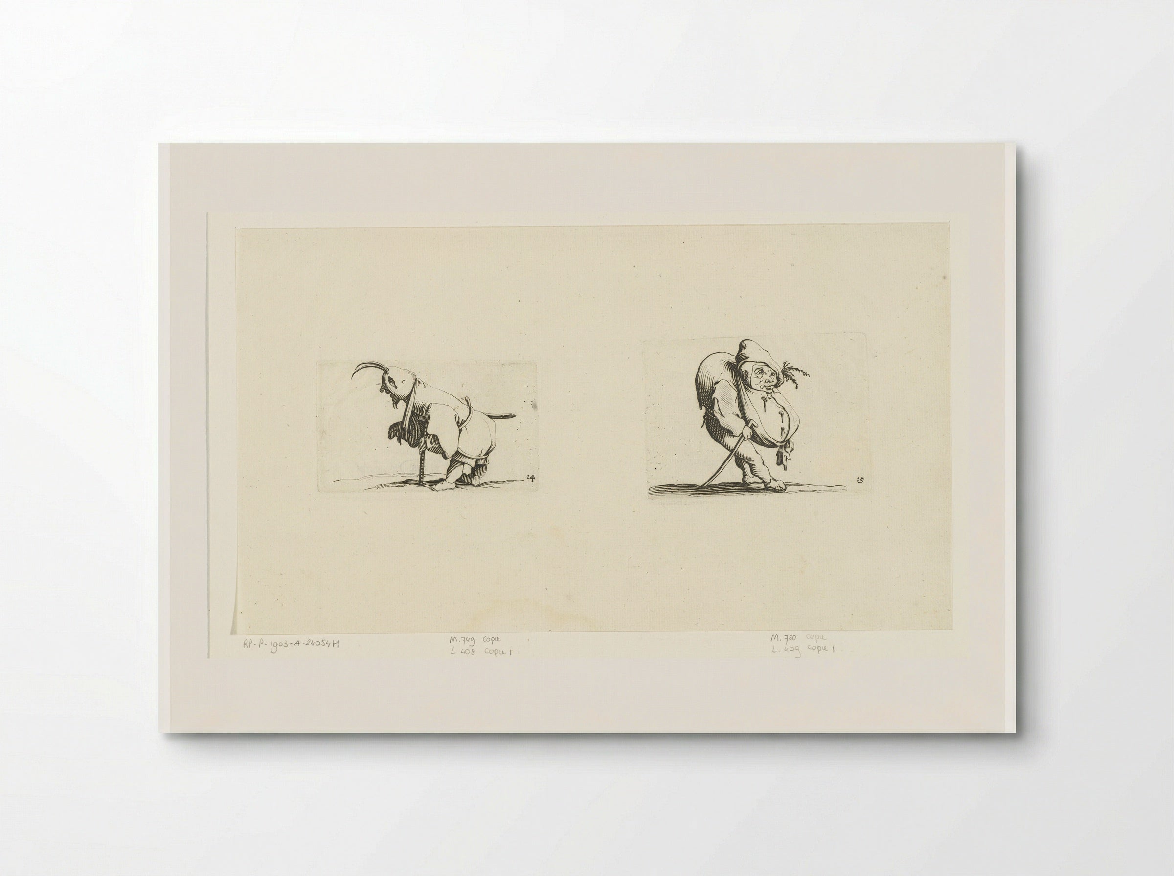 Kleine mens (karikatuur) met mitella, kruk en zwaard; kleine mens (karikatuur) met wandelstok - Abraham Bosse - Poster