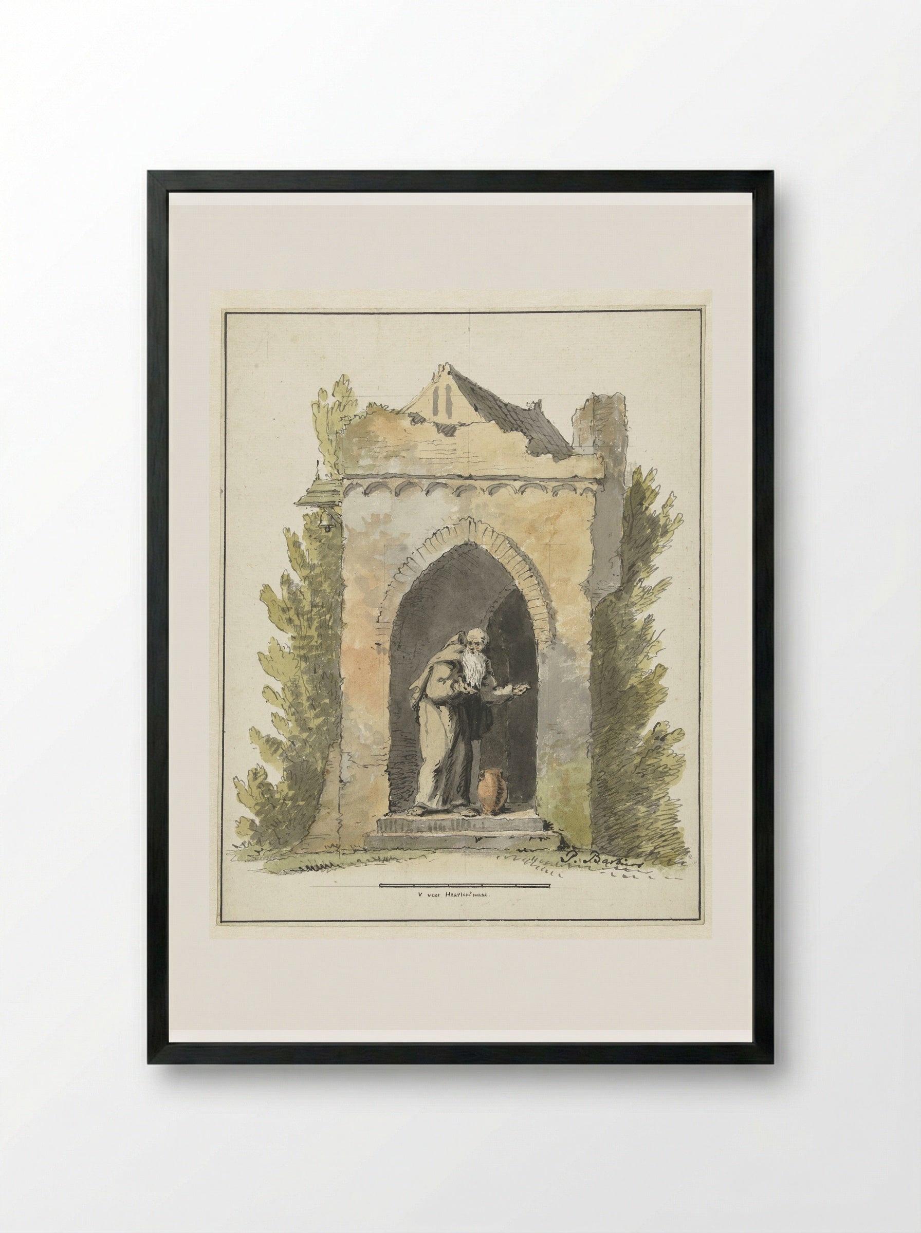 Kluizenaar voor een stenen kapel - Pieter Bartholomeusz. Barbiers - Framed Print Black