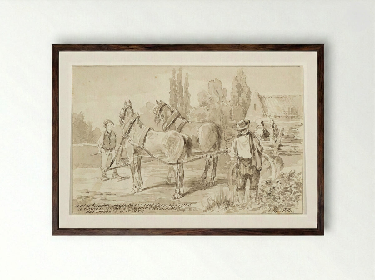 Knecht bij paard en wagen - Pieter van Loon - Framed Print Dark Wood
